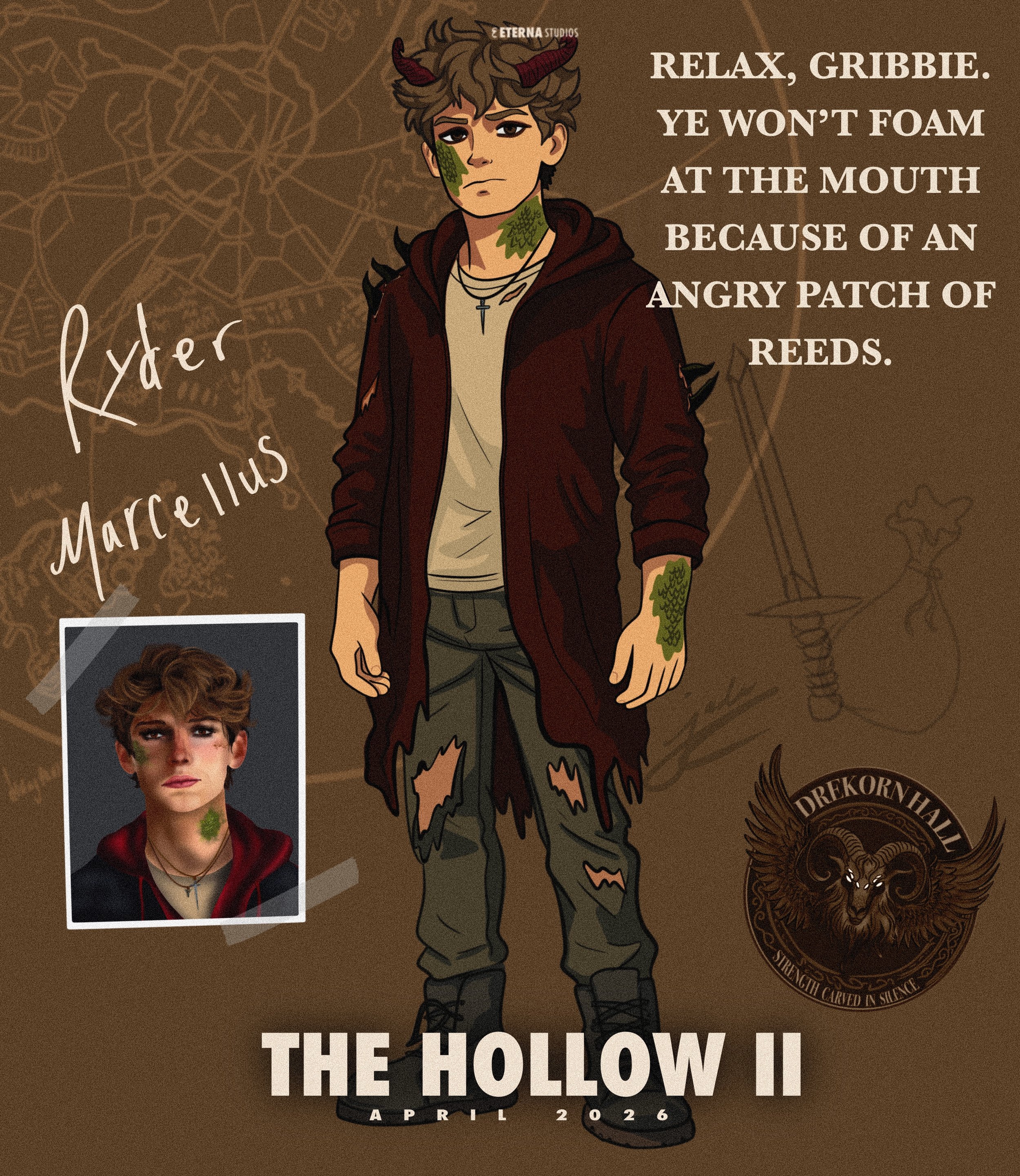 Illustration of a young man with horns, green patches on his face and neck, dressed in a torn hoodie and pants, standing against a background with a map and faint drawings. A smaller photo of the same person is in the lower left corner. Text referenc