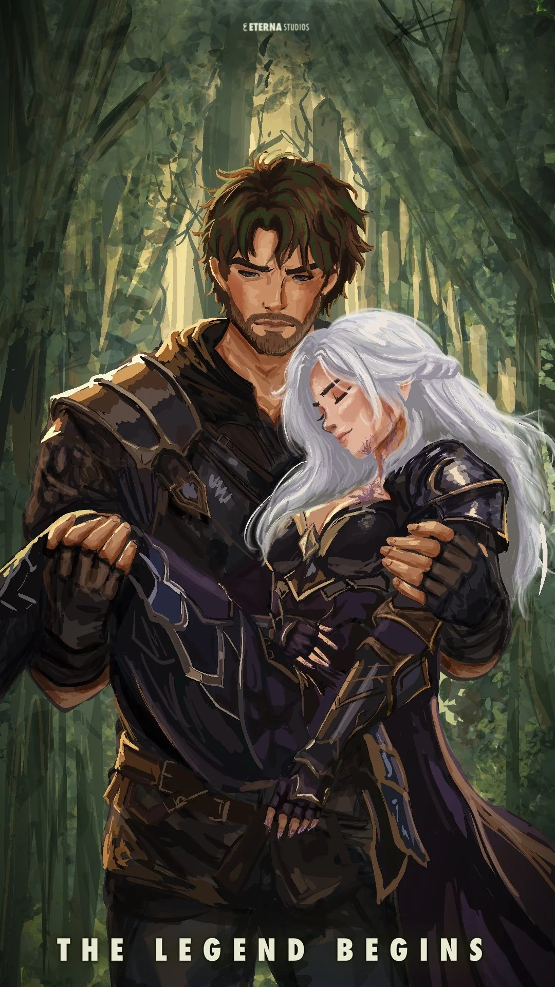 Digital illustration of a man with dark hair and beard holding a woman with long white hair in a forest setting. The man appears serious, and the woman is smiling softly with eyes closed. Both are dressed in dark fantasy armor. Text at the bottom rea