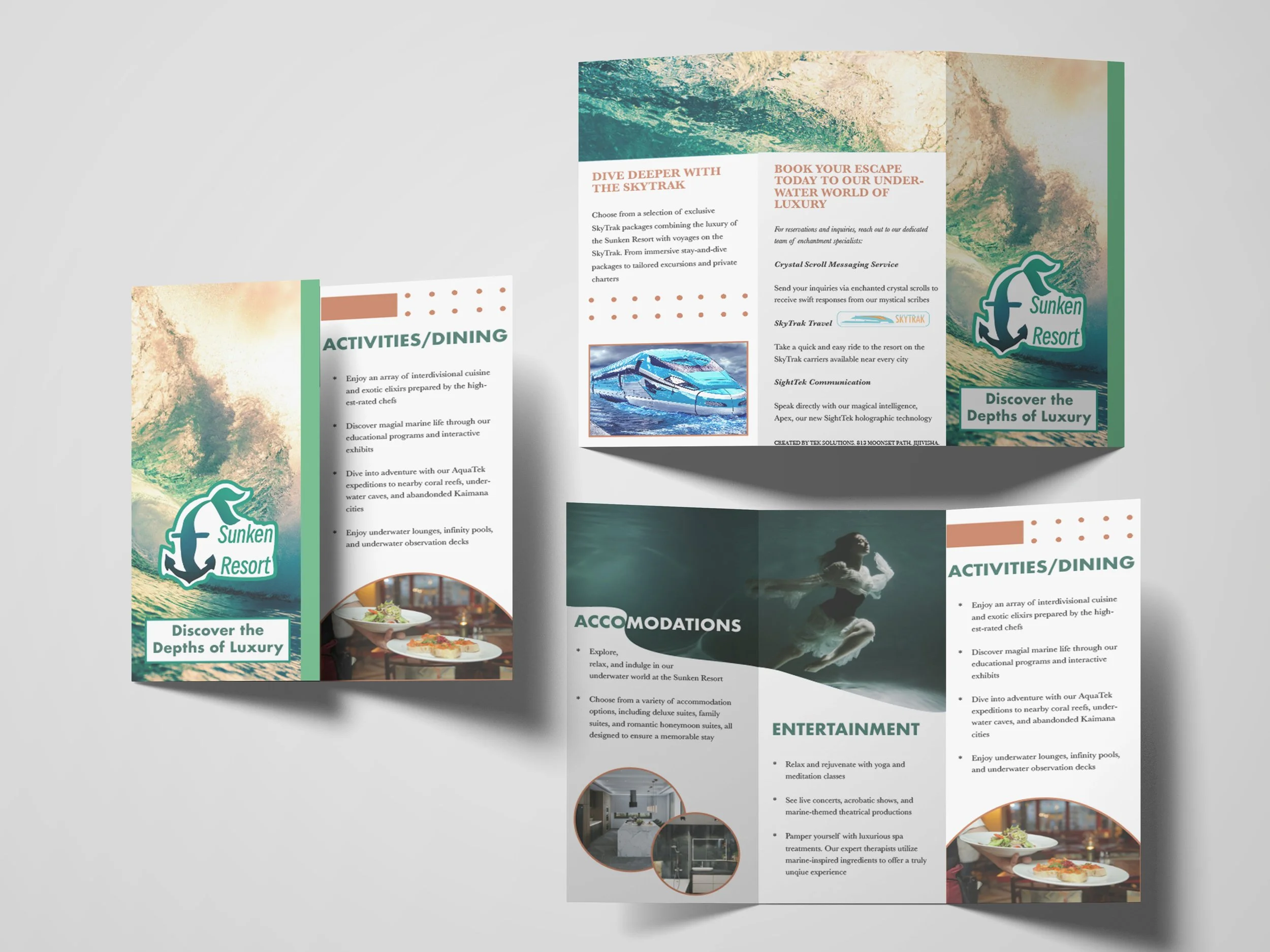 Tri-fold brochure for Sunken Resort featuring images of underwater scenery, a speedboat, and a woman swimming, with sections on activities, accommodations, and entertainment.