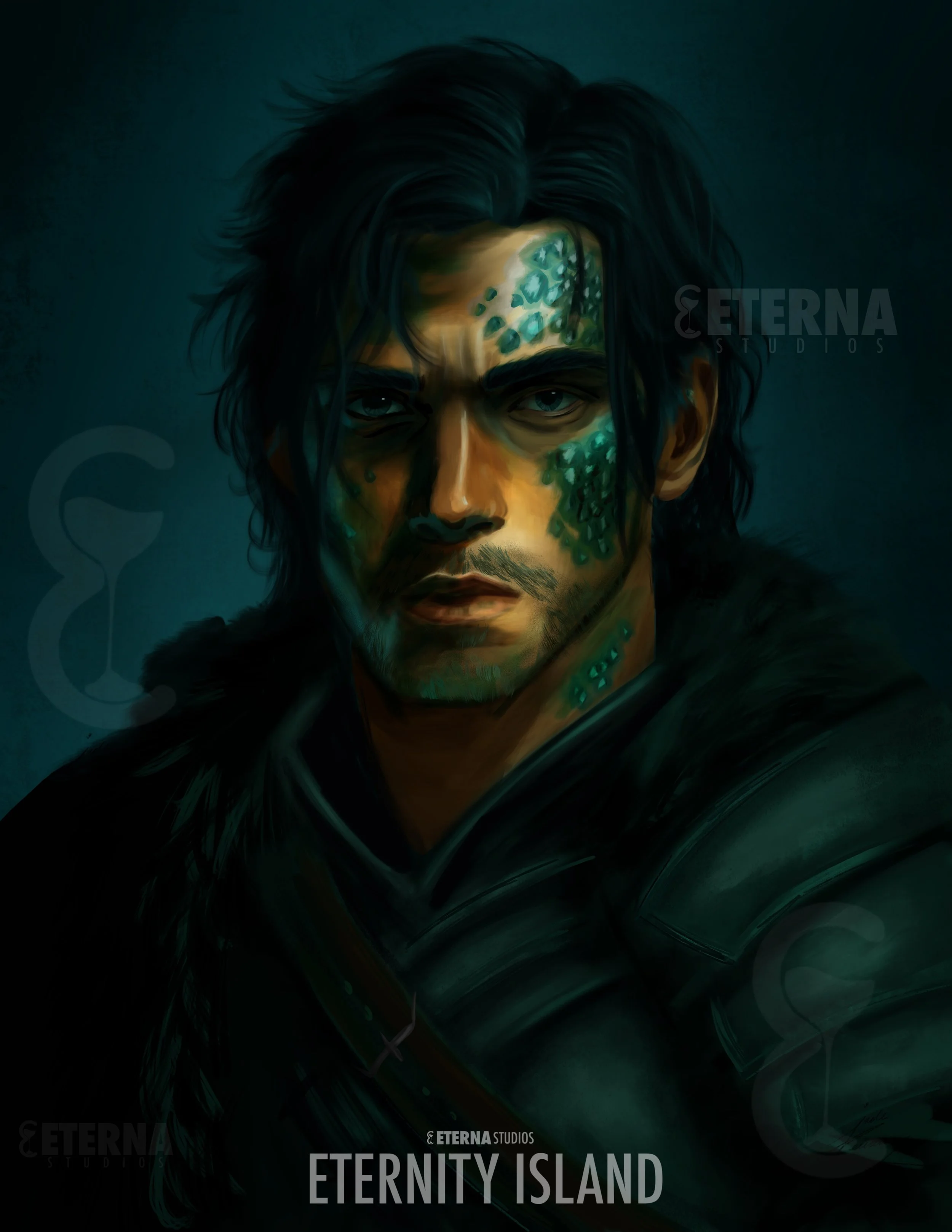 Digital artwork of a man with long black hair, face tattoos, and a robotic arm, titled 'Eternity Island'.