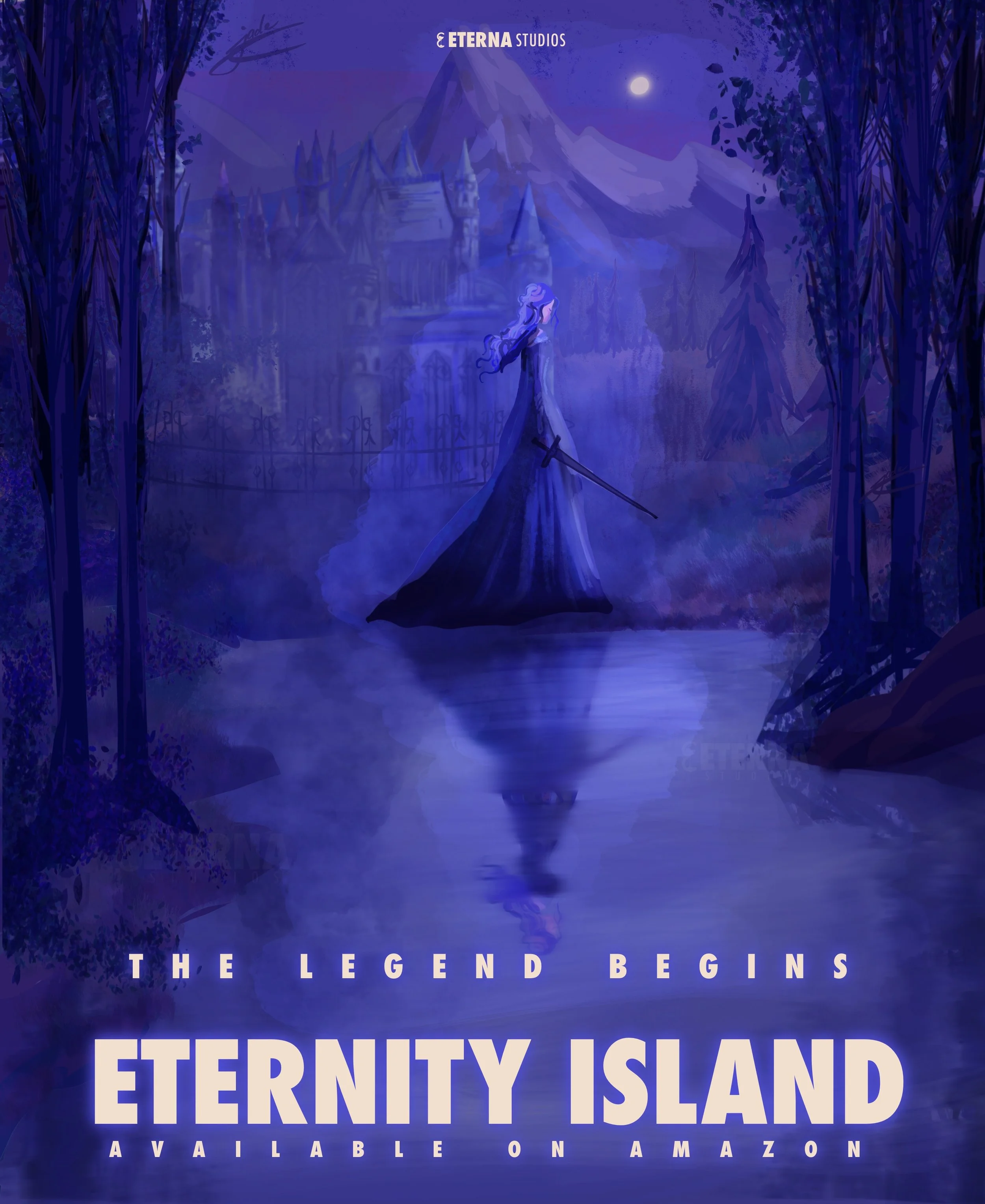 Dark fantasy-themed poster for the game 'Eternity Island' by Eterna Studios, featuring a woman in a long dress holding a sword, standing by a reflective body of water with a castle in the background and mountains under a moonlit sky.