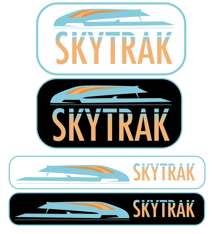 Four variations of a logo featuring a stylized futuristic train above the word "SKYTRAK" in bold capital letters, in different color schemes and backgrounds