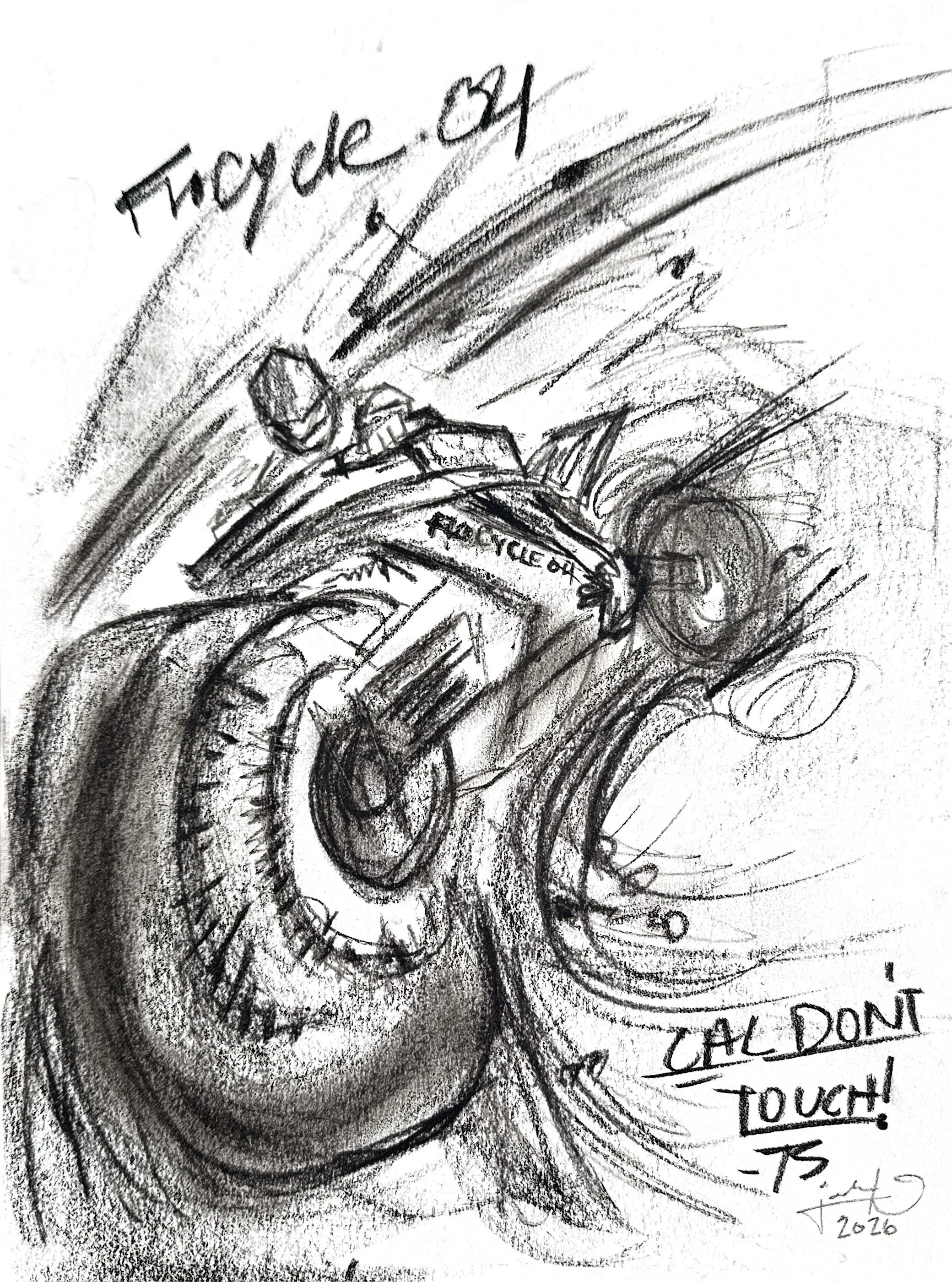 "FloCycle 04," 8x10, Charcoal on paper, based on Hidden War by J&J Kellaway