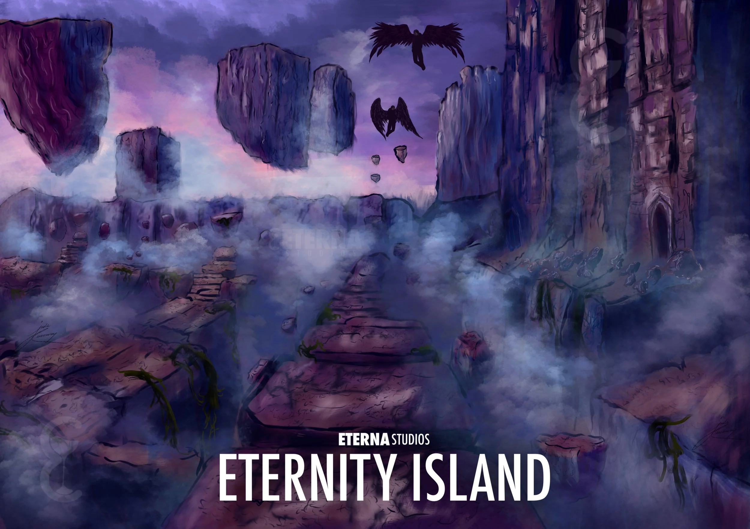 Digital artwork of a fantasy landscape titled 'Eternity Island' featuring floating rocks, misty stairways, tall purple mountains, and two dark winged creatures soaring in a purple and pink sky.