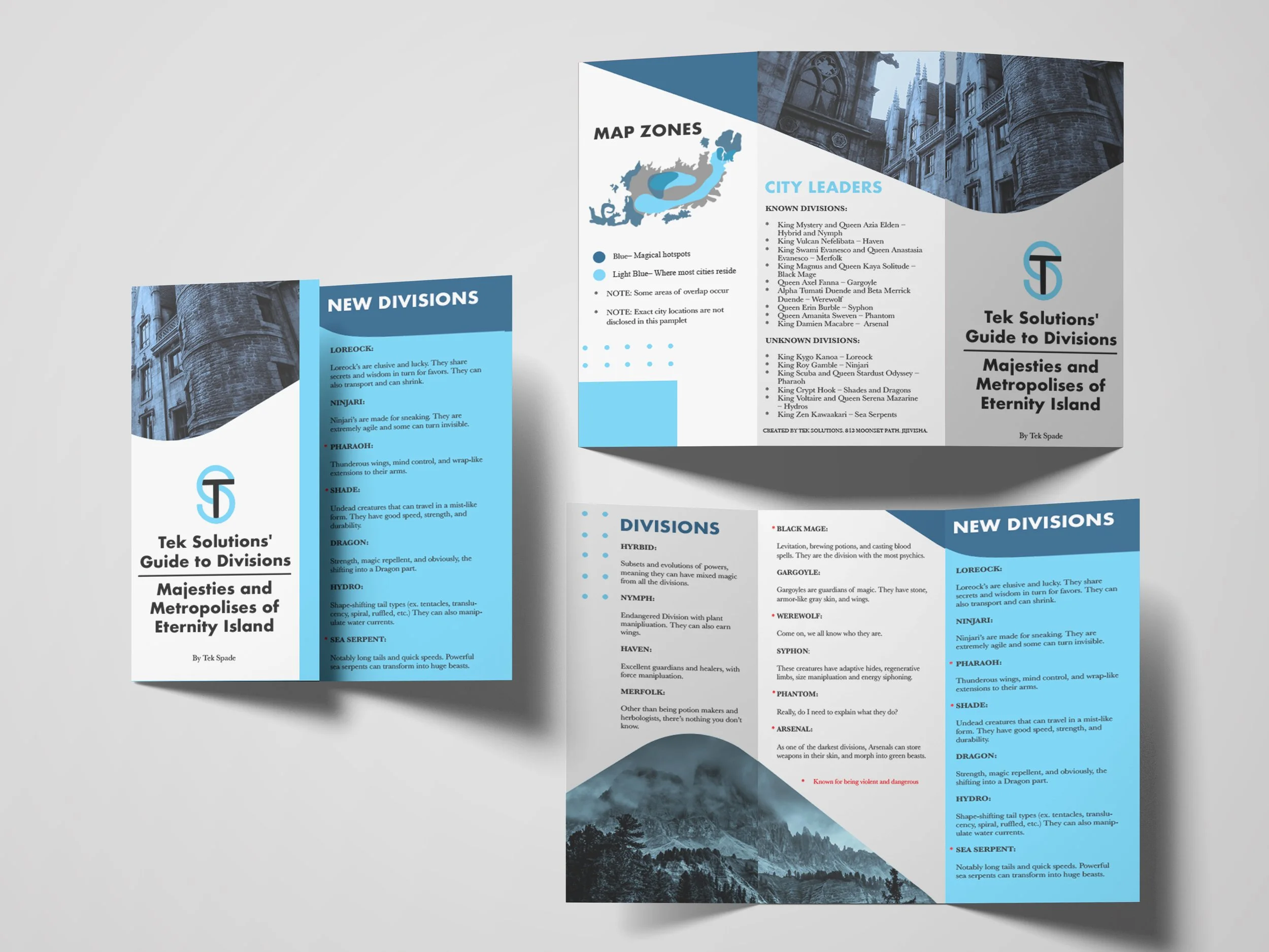 Brochure titled 'Tek Solutions' Guide to Divisions - Majesties and Metropolises of Eternity Island,' featuring sections on new divisions, city leaders, map zones, and specific division descriptions, with images of a castle exterior and a mountain lan