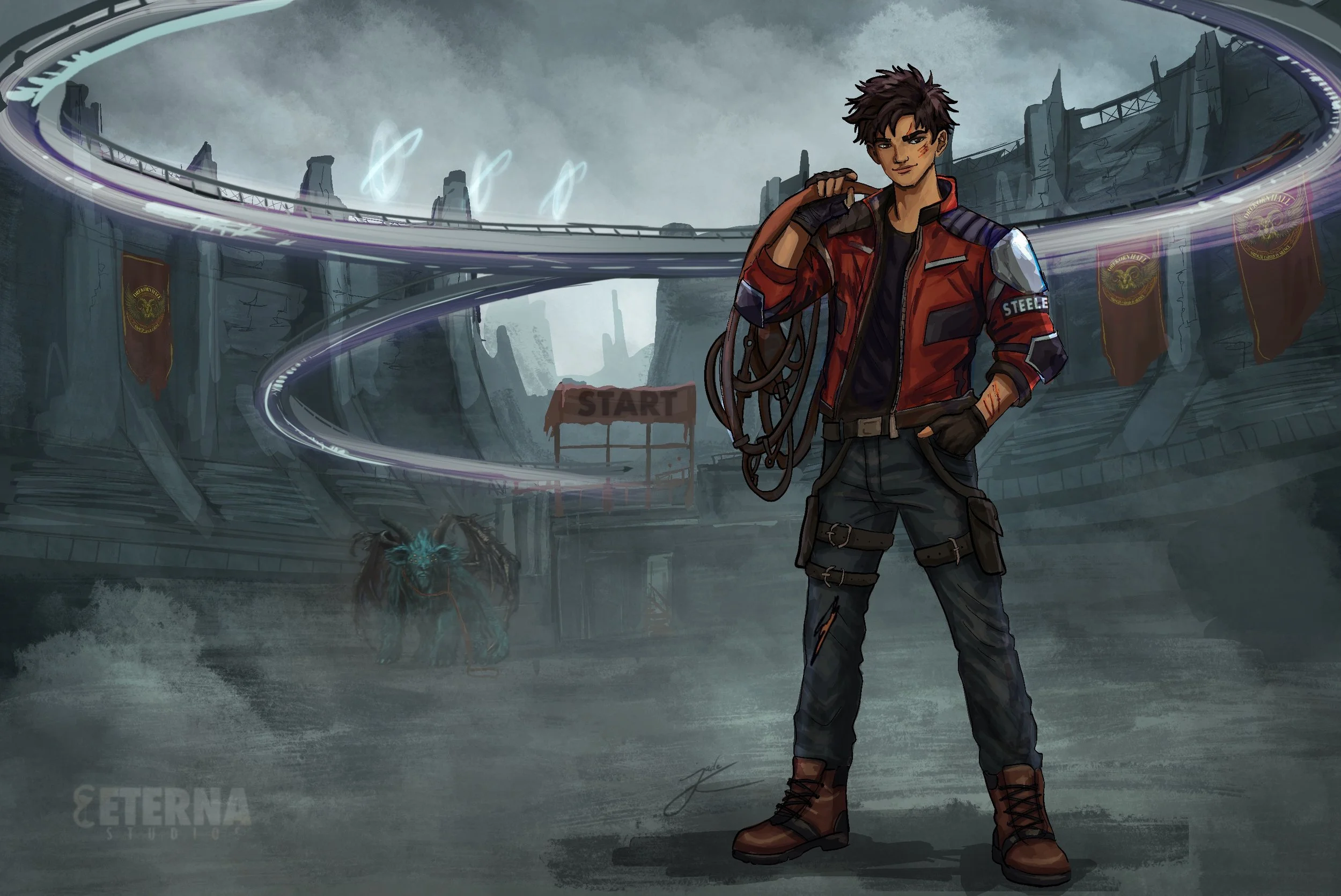 Digital illustration of a young male character standing confidently in a dystopian, futuristic environment with a spiraling track above and a robotic creature in the background. The character is wearing a red and black jacket, cargo pants, and sturdy