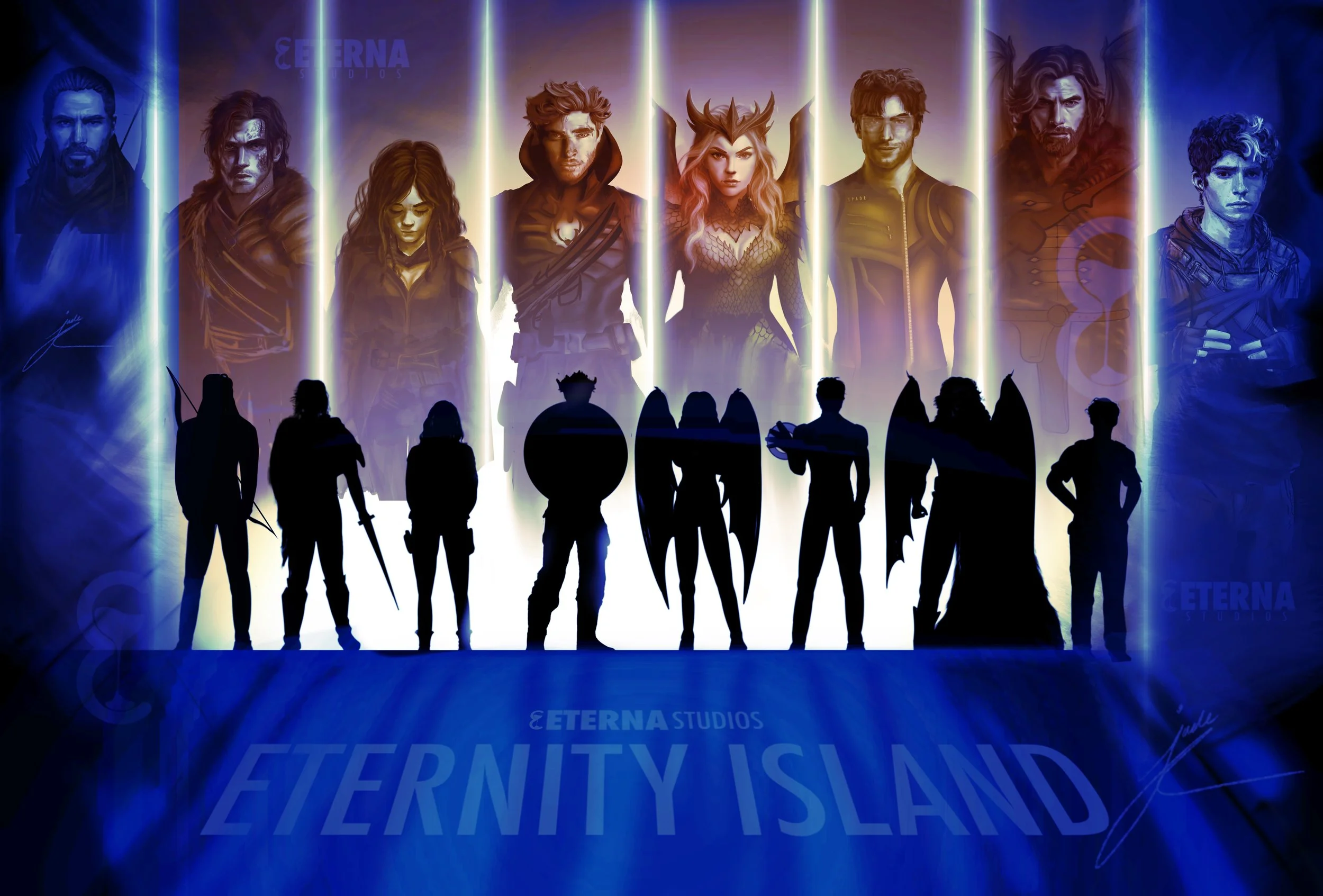Silhouettes of ten characters standing in front of a colorful backdrop with large portraits of eight animated characters, promoting ETERNITY ISLAND by ETERNA STUDIOS.