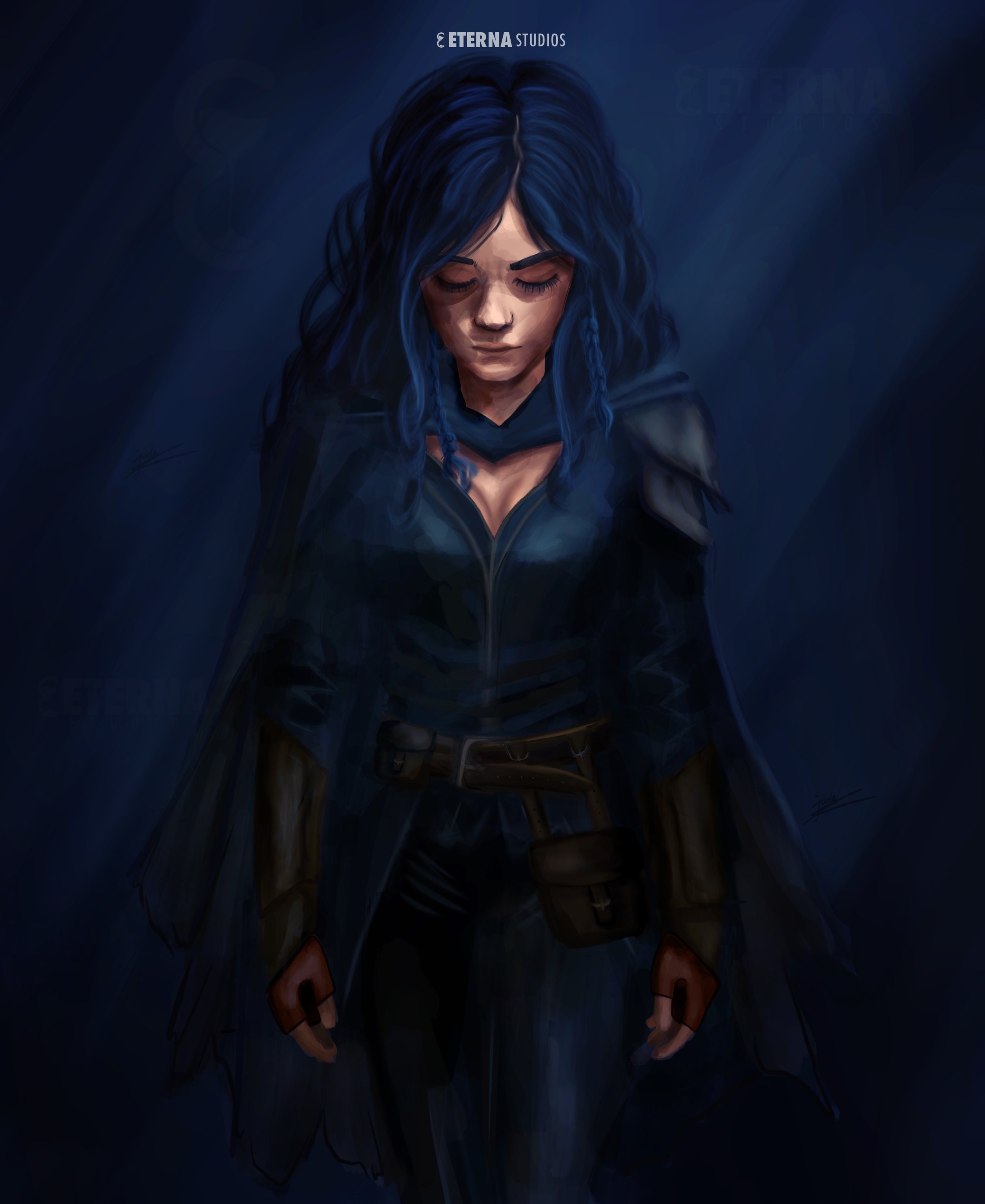 Digital painting of a female character with blue hair, dressed in dark tactical clothing, looking down with a serious expression.