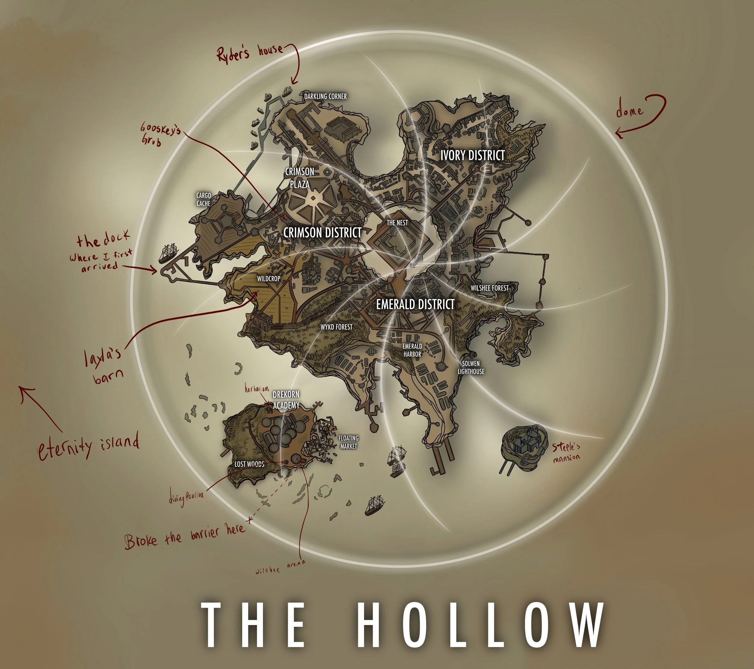 Map of the Hollow, showing districts such as Ivory District, Crimson District, and Emerald District, along with landmarks like Ryan's house, the dock, Layla's barn, Eternity Island, and Stele's mansion, with handwritten notes pointing to areas on the