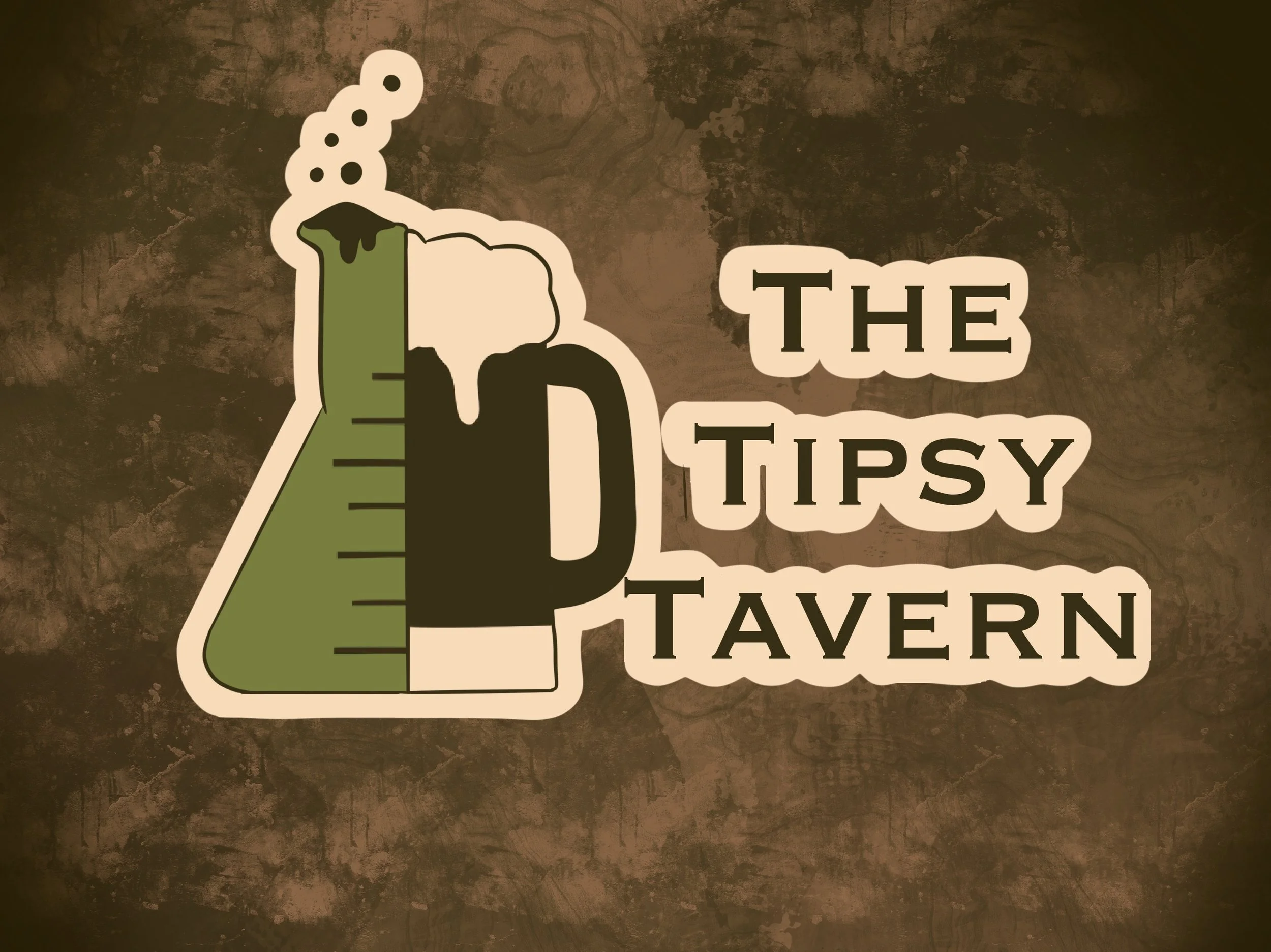 A logo for The Tipsy Tavern featuring a graphic of a beaker with a beer mug shape, showing green liquid and a head of foam with bubbles, accompanied by the text 'The Tipsy Tavern' in a playful font.