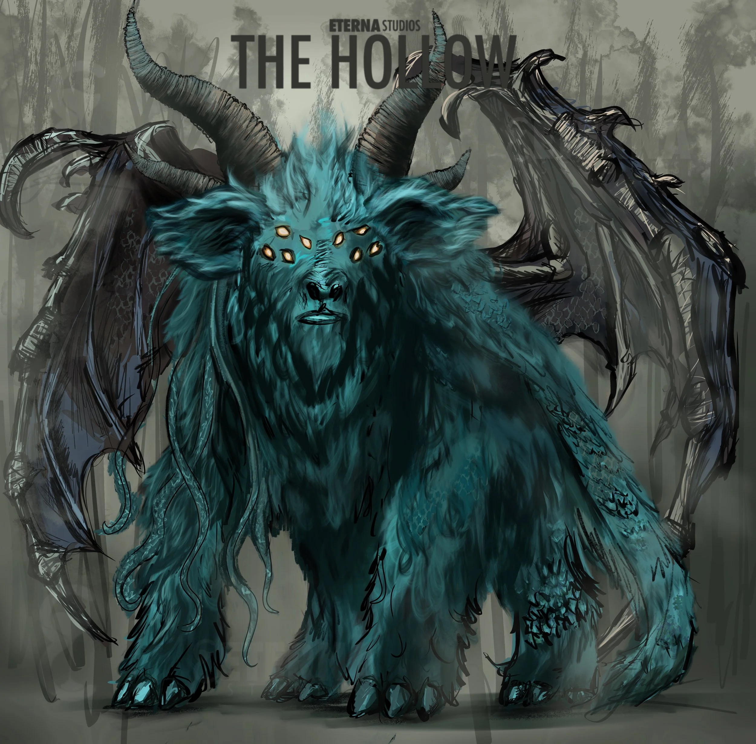A fantastical creature with a lion's body and a goat's head, featuring large black horns, blue fur, glowing yellow eyes, and bat-like wings, standing in a dark forest with trees in the background.