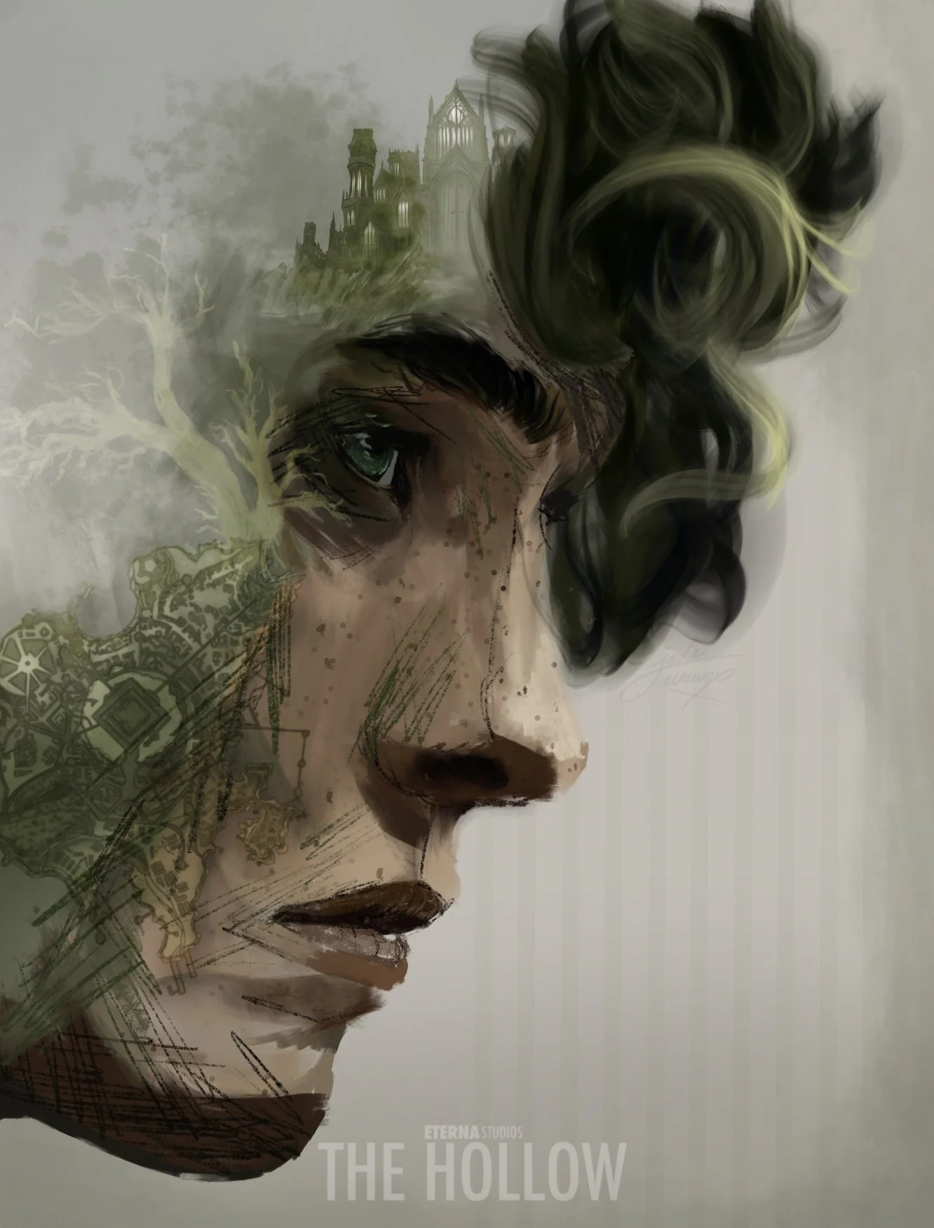 Digital artwork of a woman's face in profile with dark, curly hair and green highlights, overlaid with a faint image of a haunted house and eerie trees, with the text 'The Hollow' at the bottom.