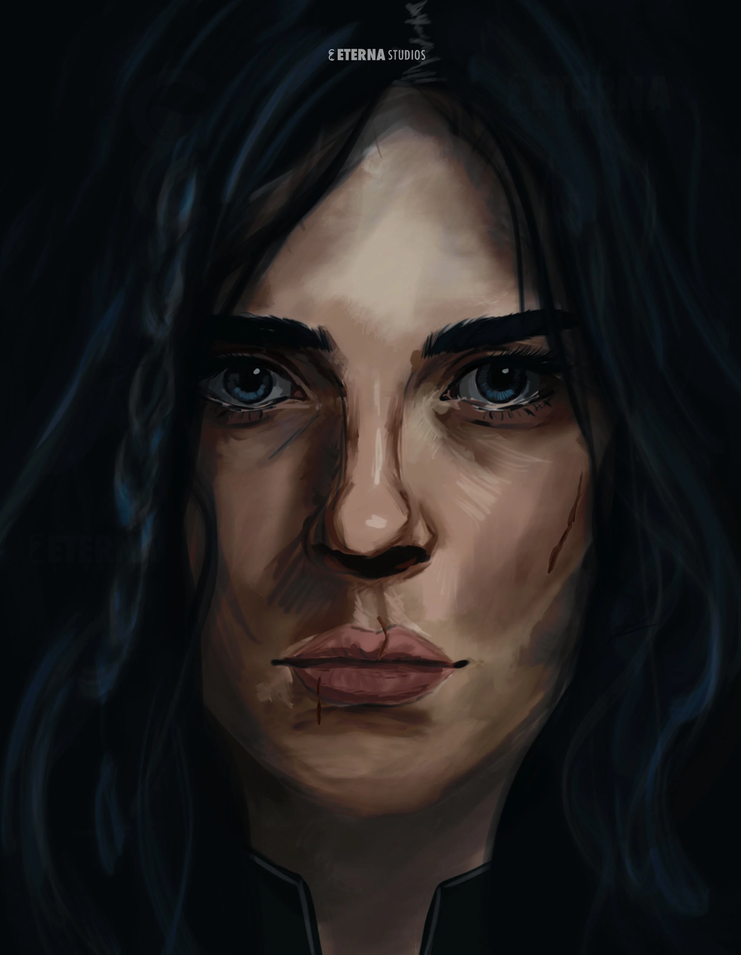 Digital painting of a woman with dark hair, piercing blue eyes, and a serious expression, with a dark background.