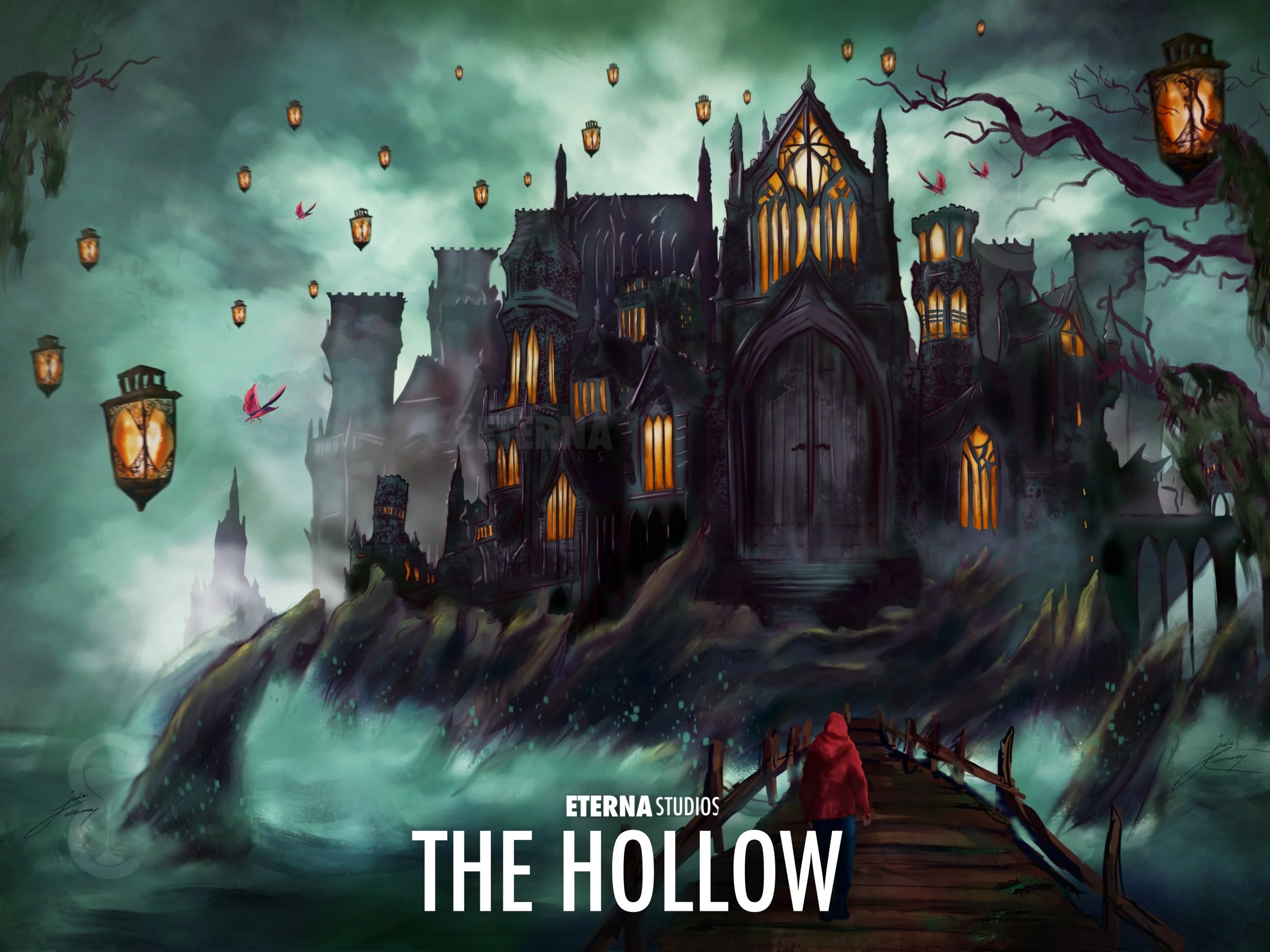 A dark, spooky castle with glowing windows on a cliff, surrounded by misty water and foggy sky. Lanterns float in the air, and a person in a red coat walks on a wooden bridge towards the castle.