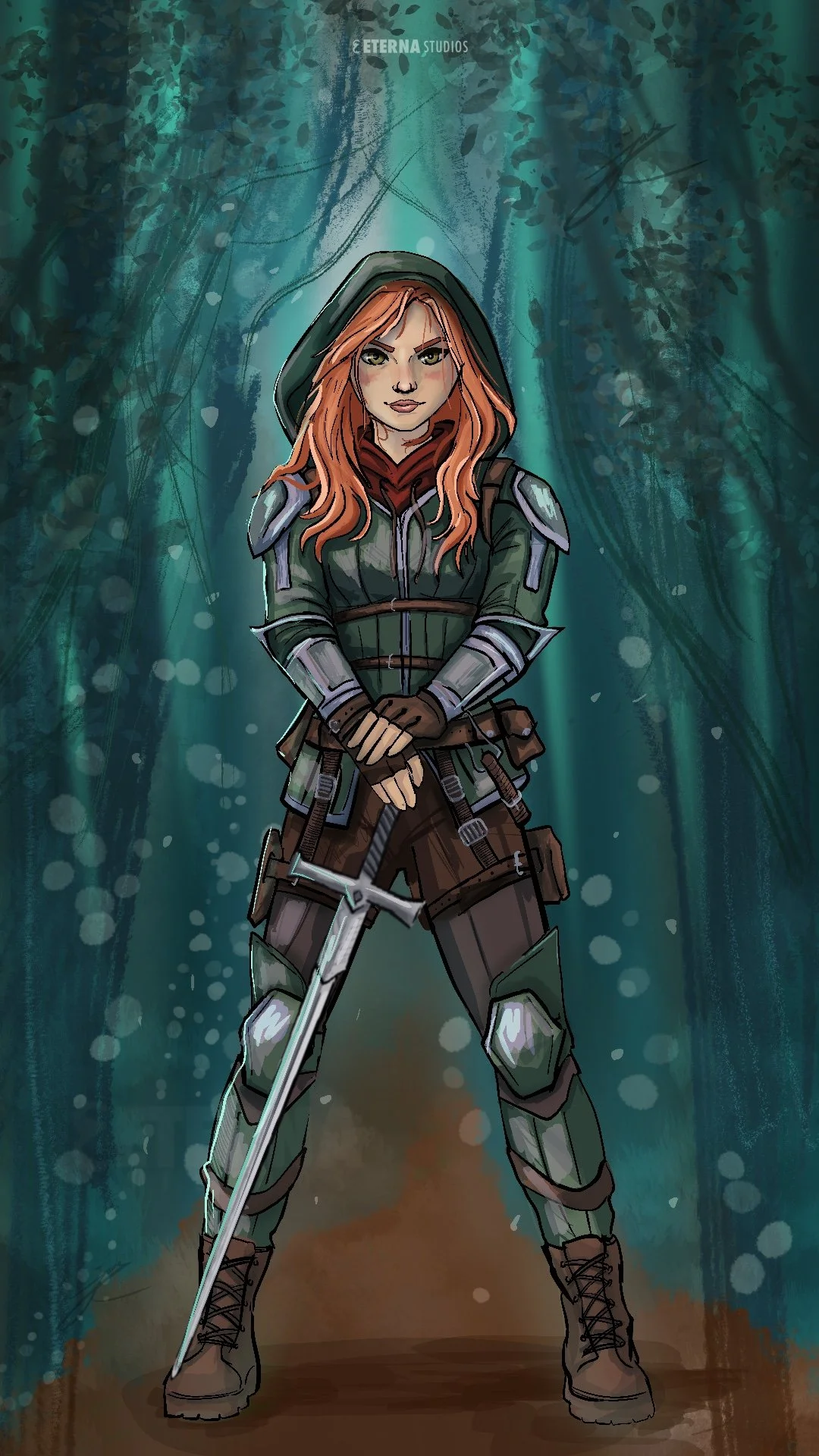 An animated female warrior with red hair standing in a forest, holding a sword, wearing armor, and looking determined.