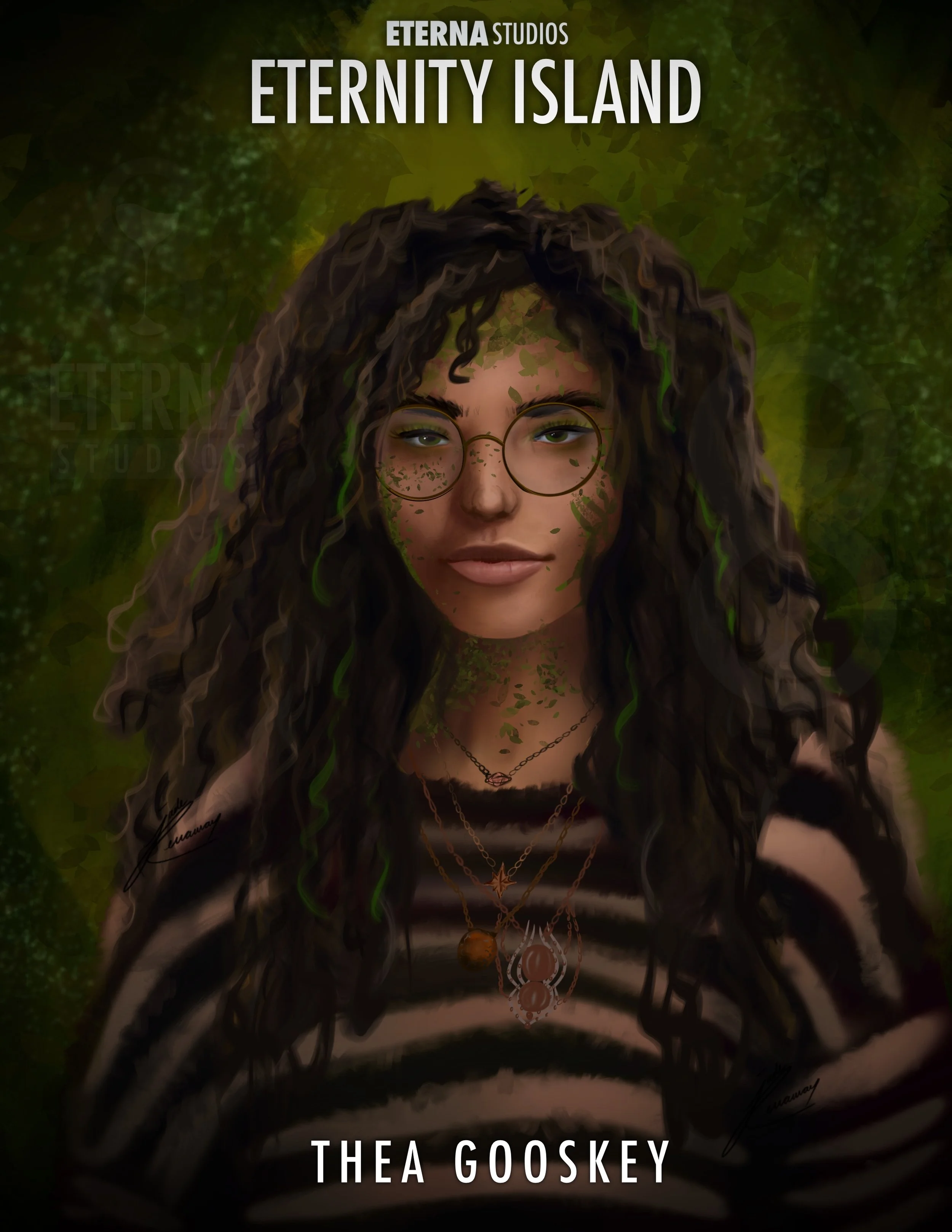 Digital illustration of a woman with curly hair, glasses, and layered necklaces, set against a green foliage background. Text at the top reads 'ETERNAL STUDIOS ETENITY ISLAND' and at the bottom 'THEA GOOSKEY'.