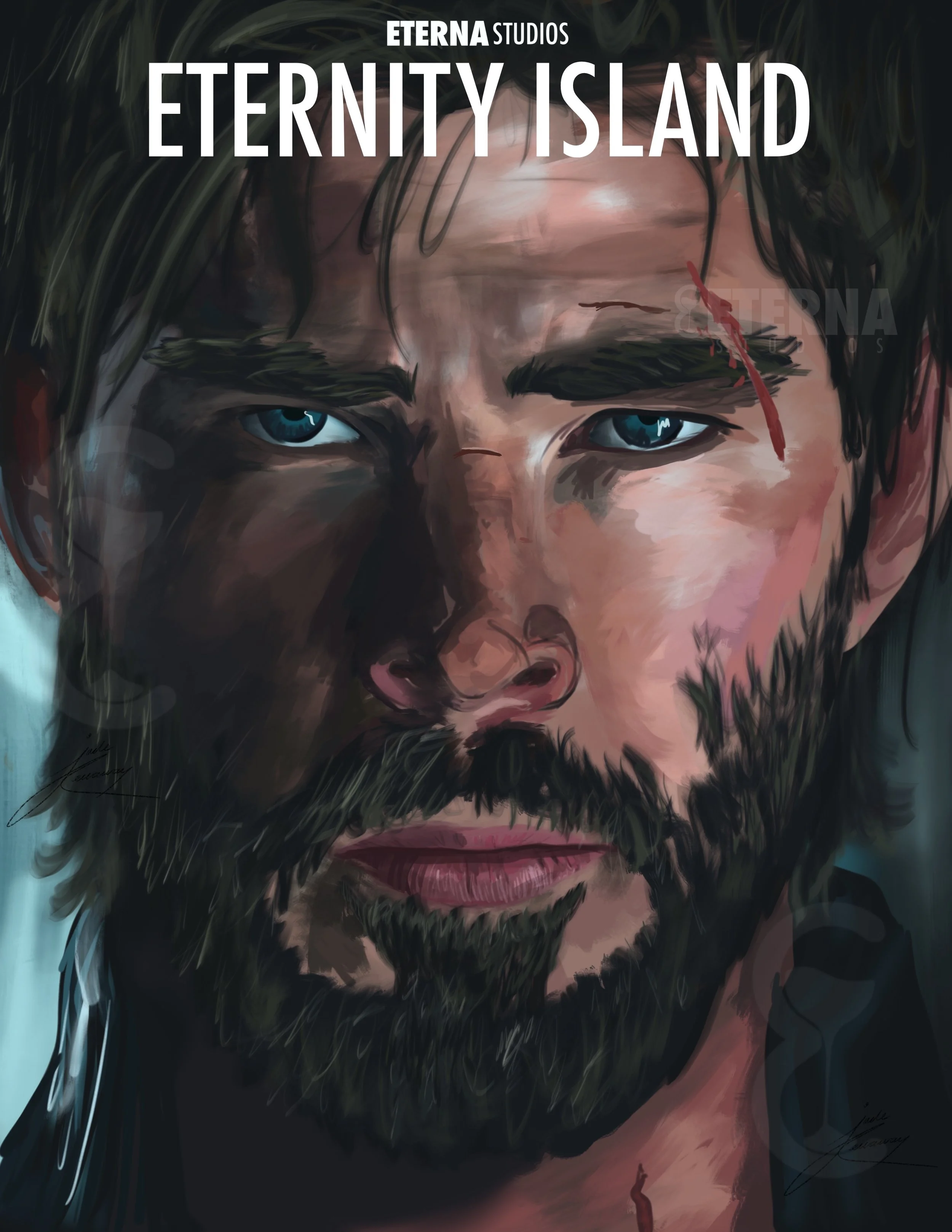 Digital illustration of a man's face with piercing blue eyes, a beard, and a wound on his forehead, with the text 'ETERNITY ISLAND' above.