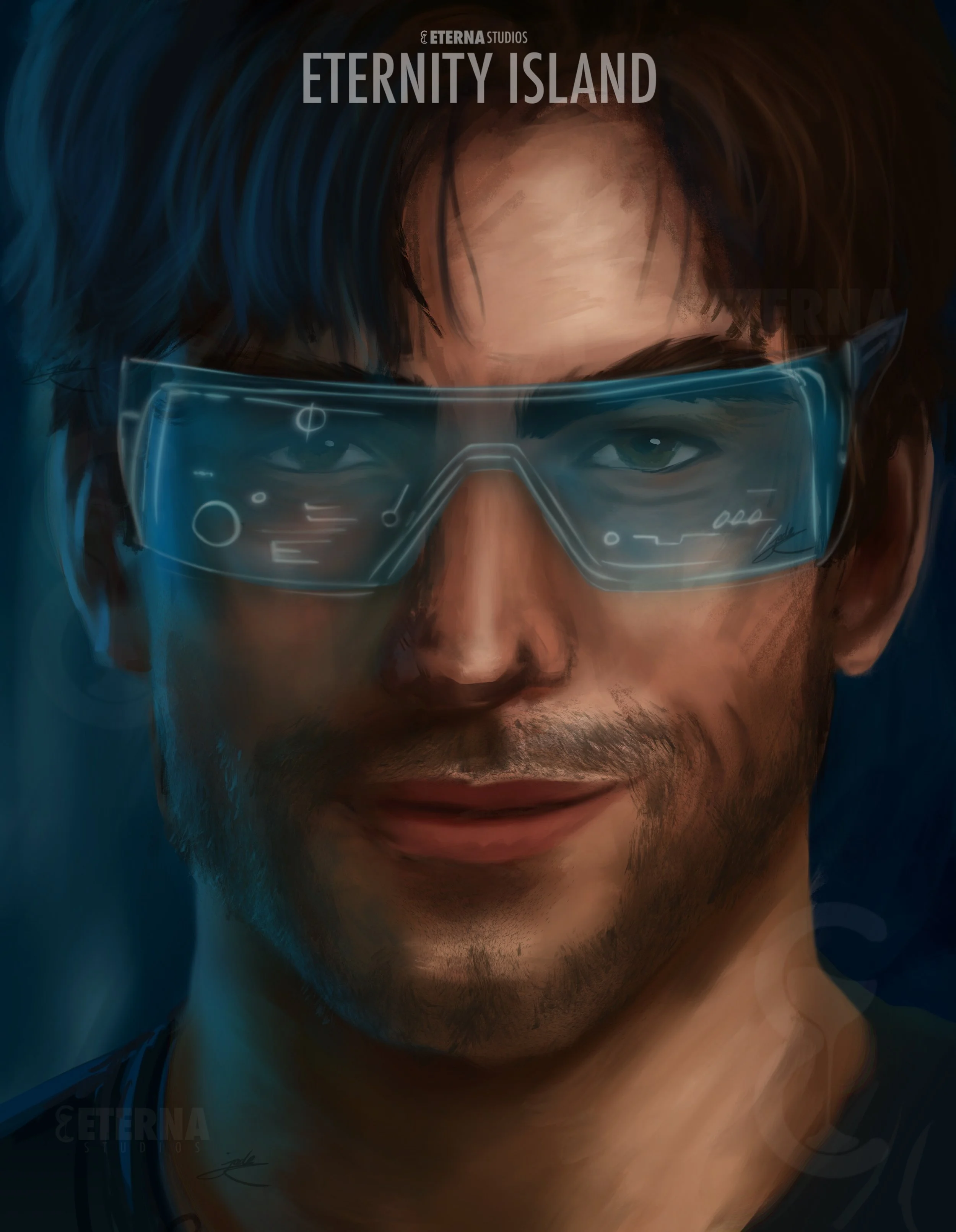 Digital illustration of a man wearing high-tech, futuristic glasses with a glowing blue interface, promoting the movie 'Eternity Island' by Eterna Studios.