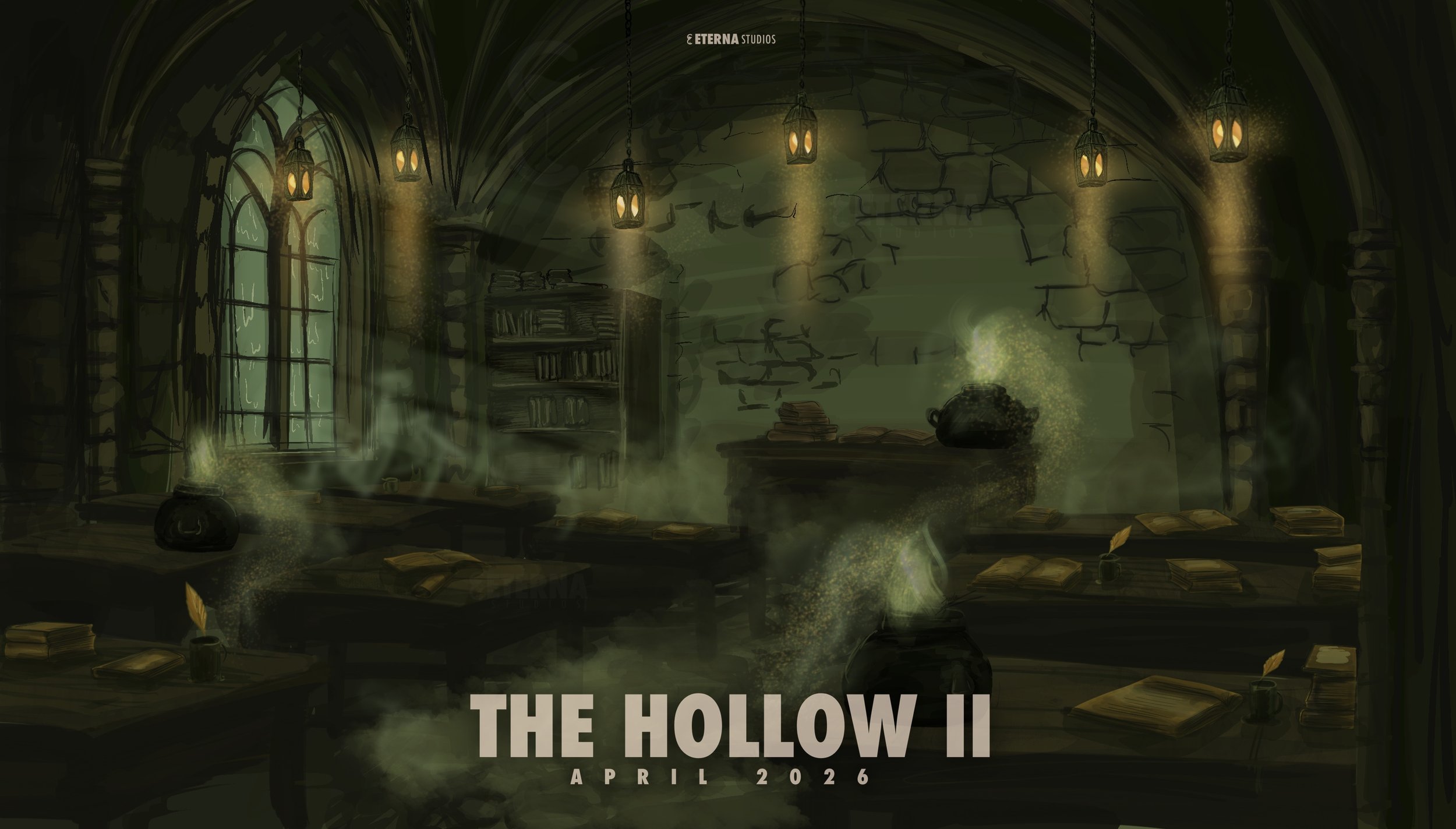 Dark, eerie abandoned library with old books scattered on tables, glowing cauldrons emitting green smoke, broken stone walls, tall arched windows, and hanging lanterns casting dim light. The scene has a mysterious, haunted atmosphere, with the text "