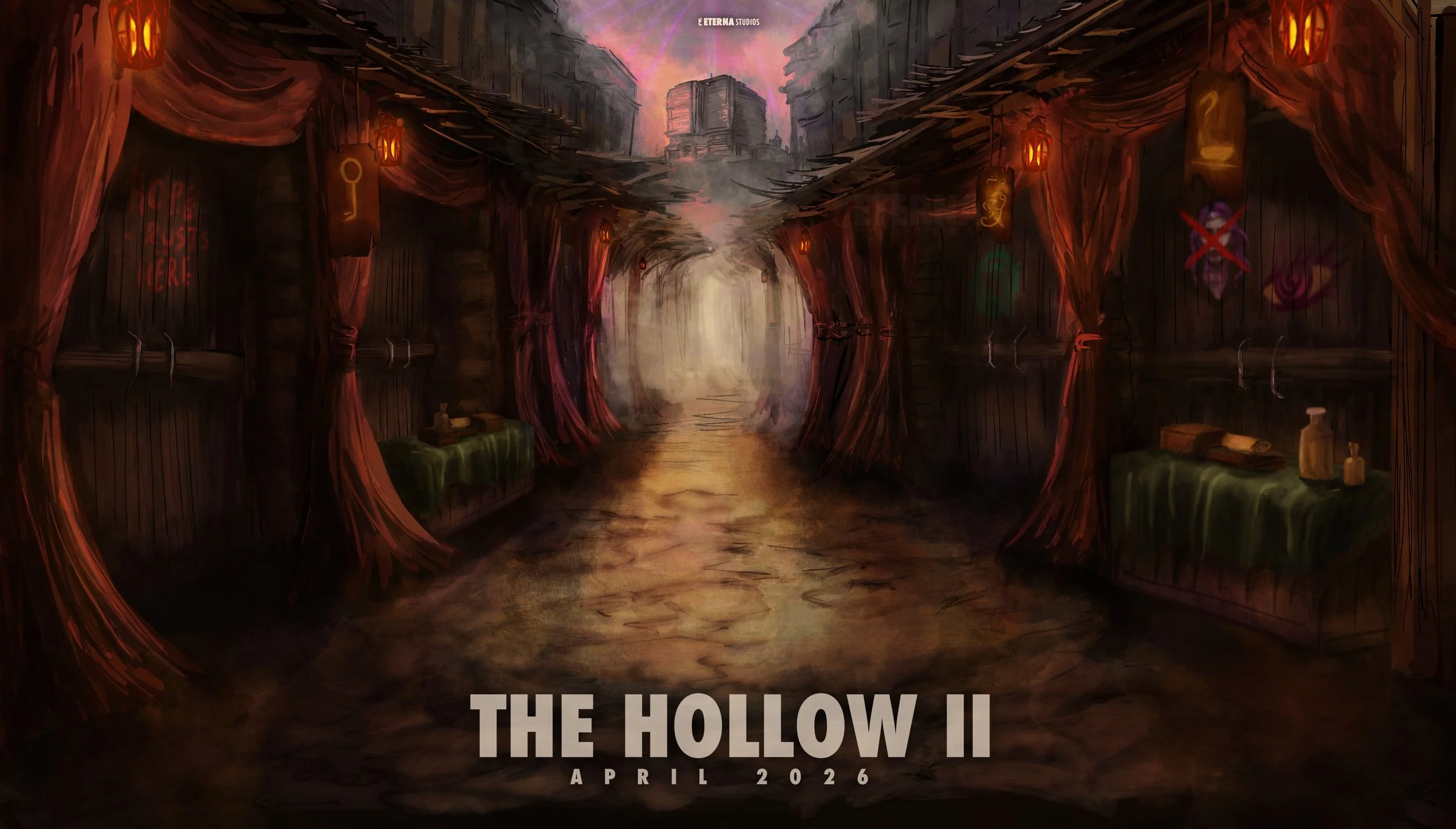 A dark, eerie tunnel with red curtains, tactical tables, and mysterious symbols, featuring a pinkish sky and a cityscape in the distance. Text at the bottom reads "The Hollow II April 2026."