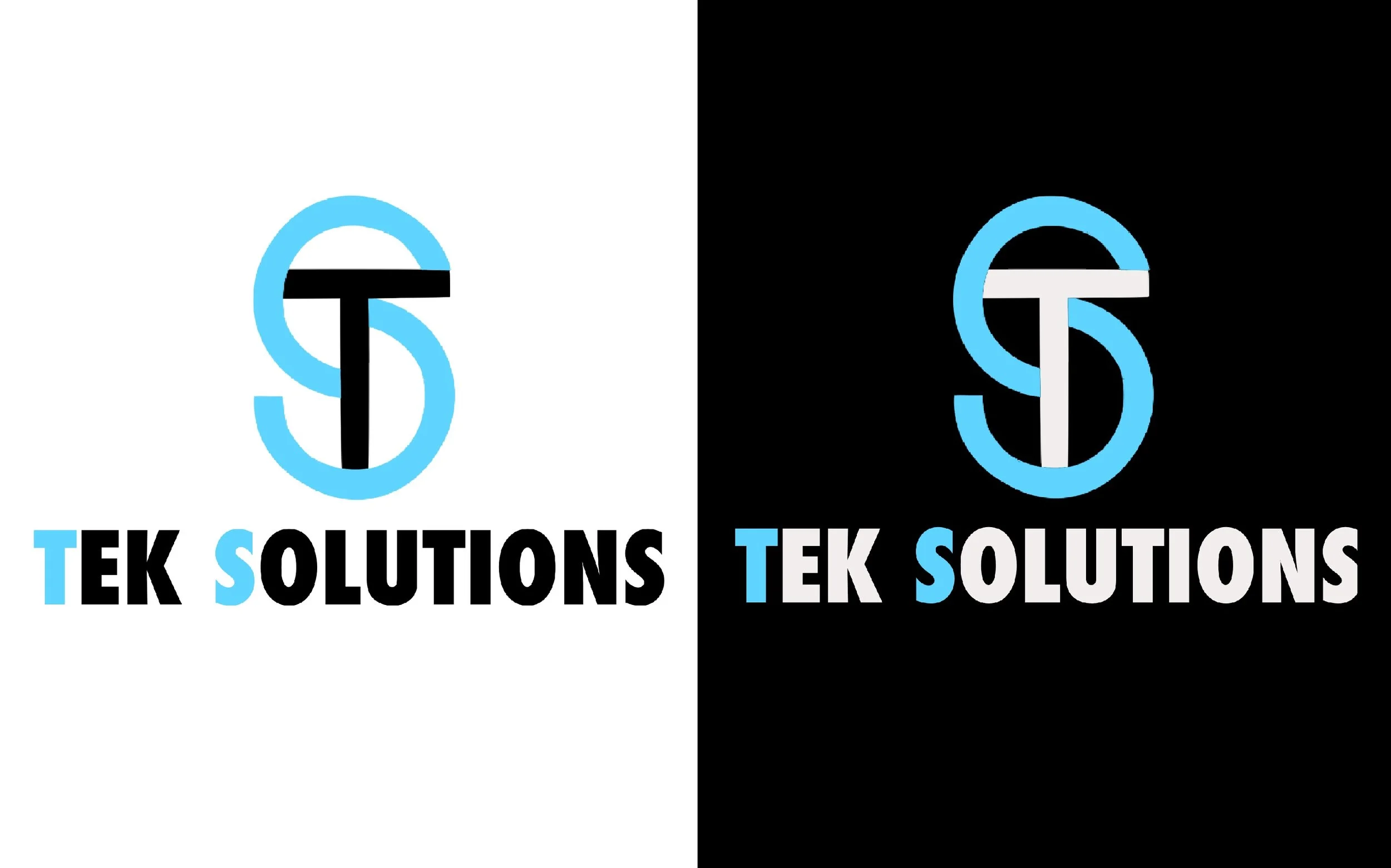 Split logo with a stylized 'S' and 'T' in blue and black, with the text 'TEK SOLUTIONS' in black and blue underneath.