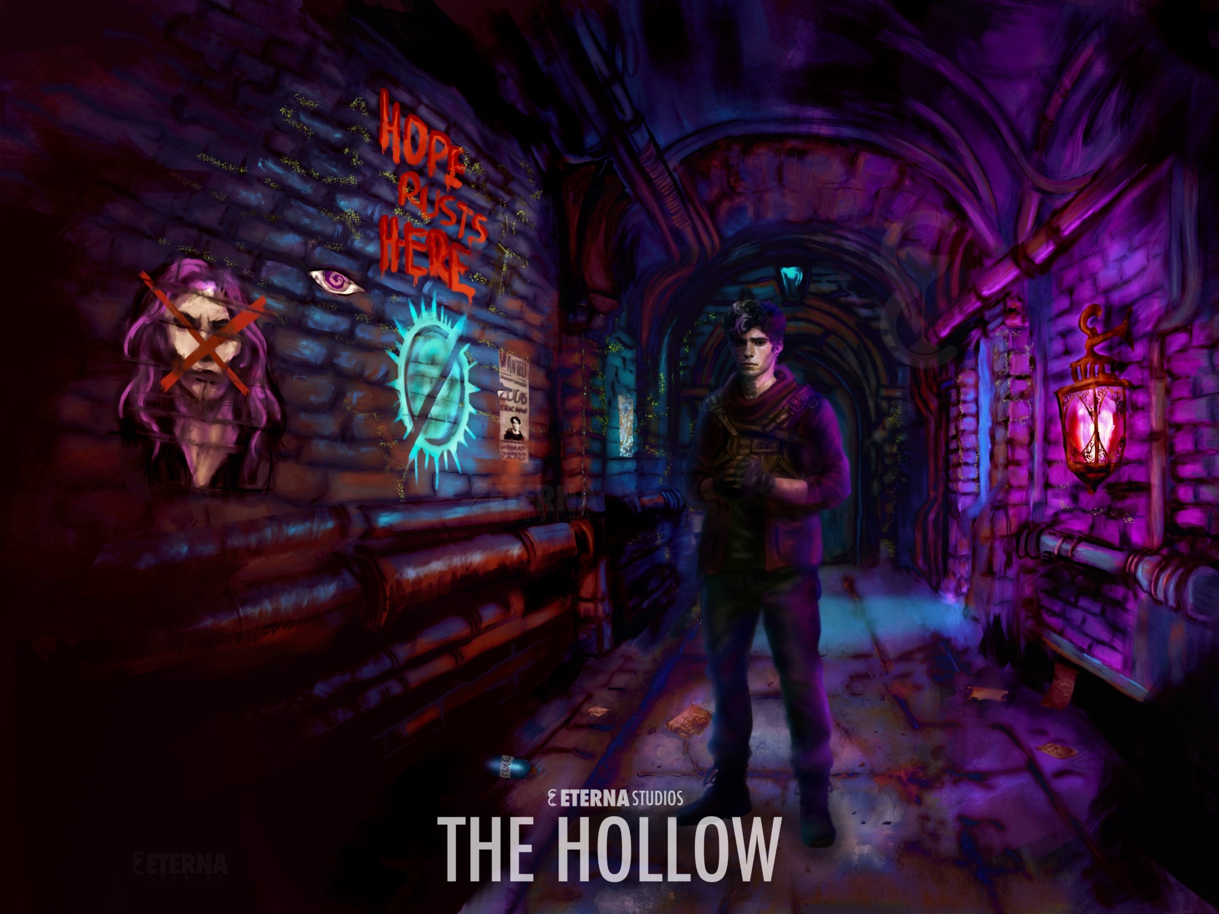 A young man stands in a dimly lit, graffiti-covered alleyway with neon signs and spray-painted artwork, including a sign that says 'Hope Rises Here.' The alley has purple and blue lighting, with an arched brick ceiling and pipes along the walls. Ther