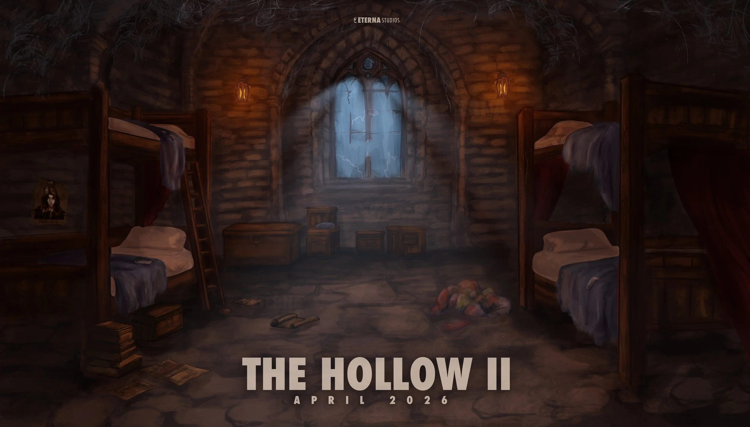 Dark, eerie room with four bunk beds, some with torn or disheveled bedding. A ladder leans against the left bunk. A poster on the wall depicts a girl with a skull. Old books, scattered papers, and a pile of clothes are on the floor. A large window wi