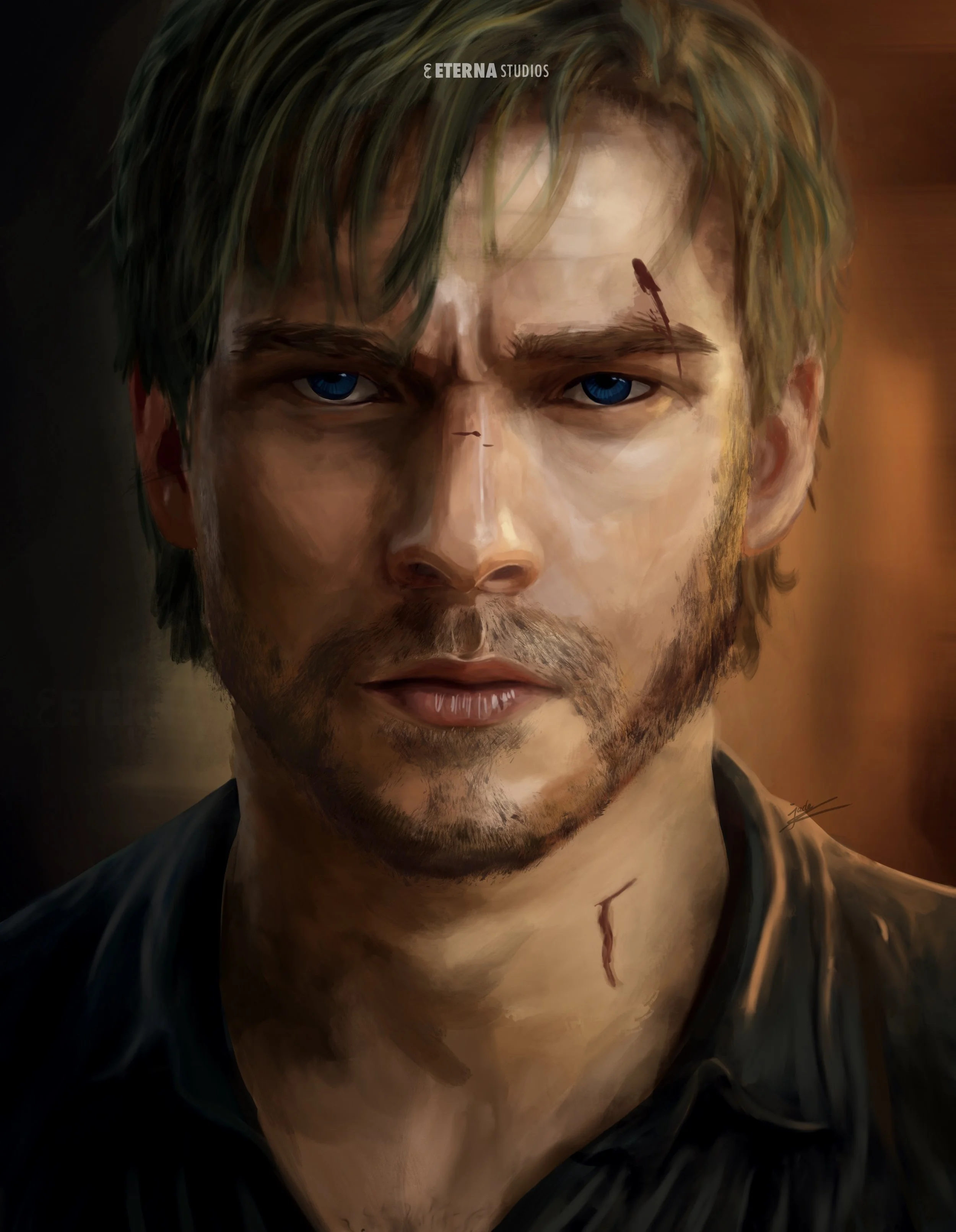 A digital painting of a young man with blue eyes, messy brown hair, a beard, and a serious expression. There are small cuts and scratches on his face and neck.