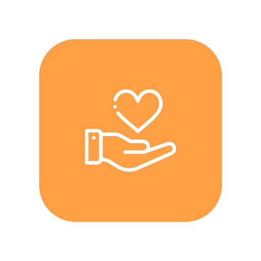 Icon of a hand holding a heart, symbolizing care or love, with an orange background.