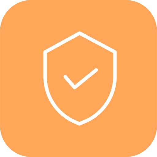 Icon of a checkmark inside a shield on an orange background.