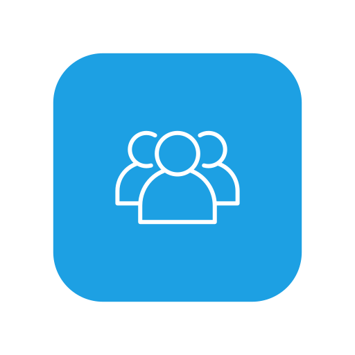 Icon of three people, representing a group or community, on a blue background.
