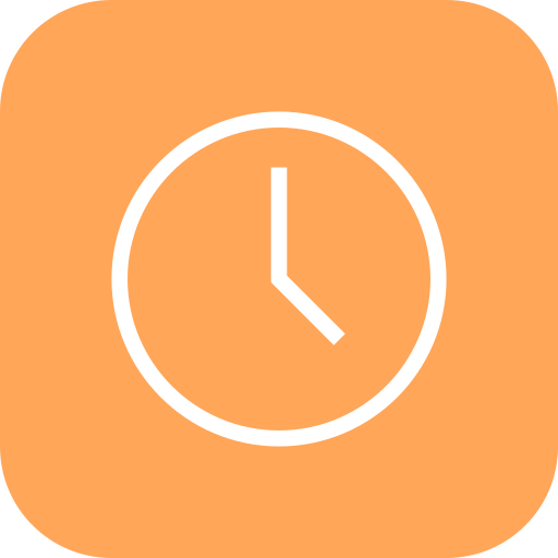 An icon of a clock with the time showing approximately 4:00 on an orange background.