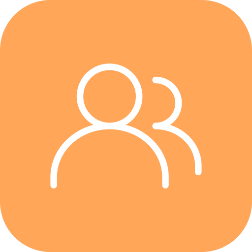 Icon of two people, one in front and one behind, on an orange background.