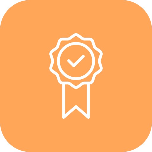 Outline of an award ribbon with a checkmark inside a circle in the center, on an orange background.