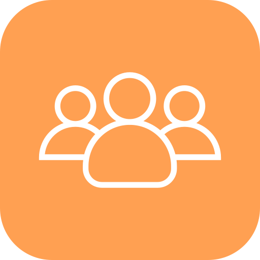 Icon of a group of four people, representing community or team, on an orange background.