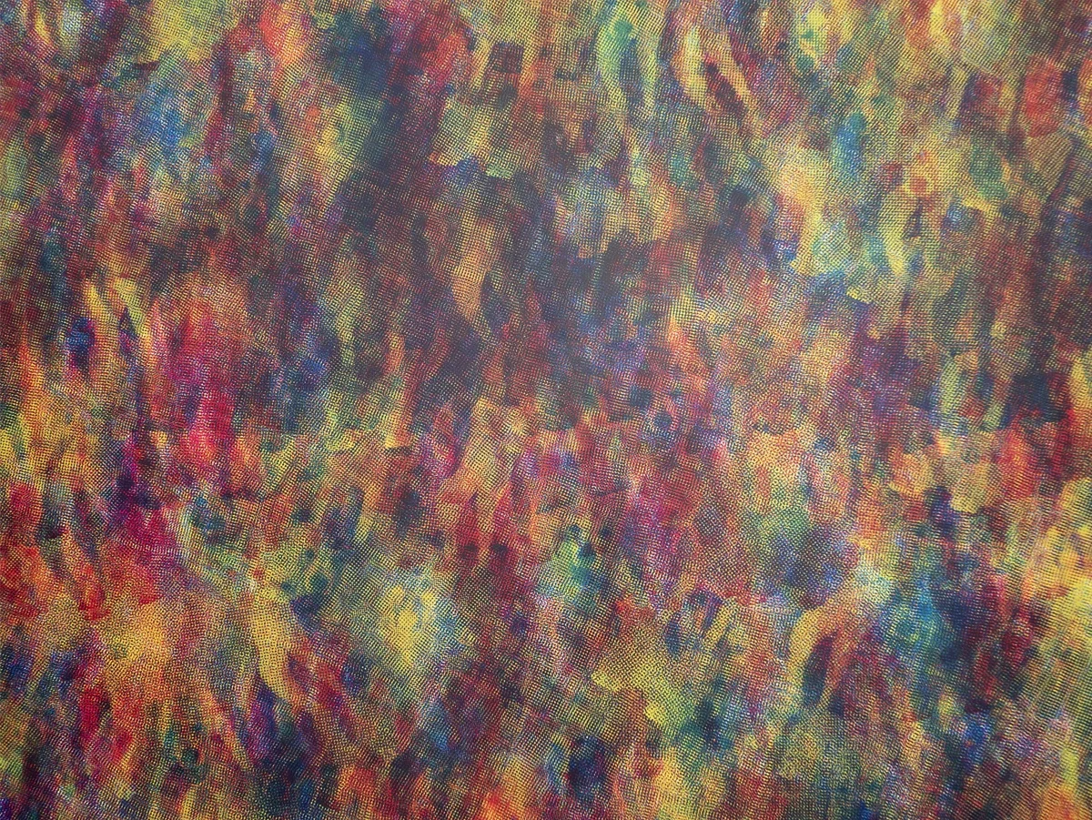 Multicolored abstract textured pattern with various shades of red, yellow, blue, green, and orange, resembling a vibrant, painterly artwork by artist Thomas Pendergast.