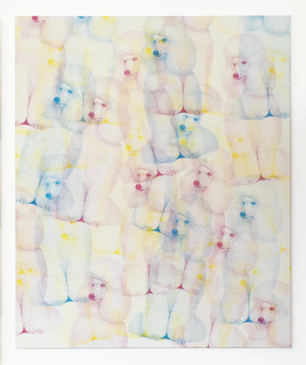 Colorful pop art-style silkscreen print of multiple overlapping images of a dog by artist Thomas Pendergast, with a repeating pattern and dreamy pastel hues.