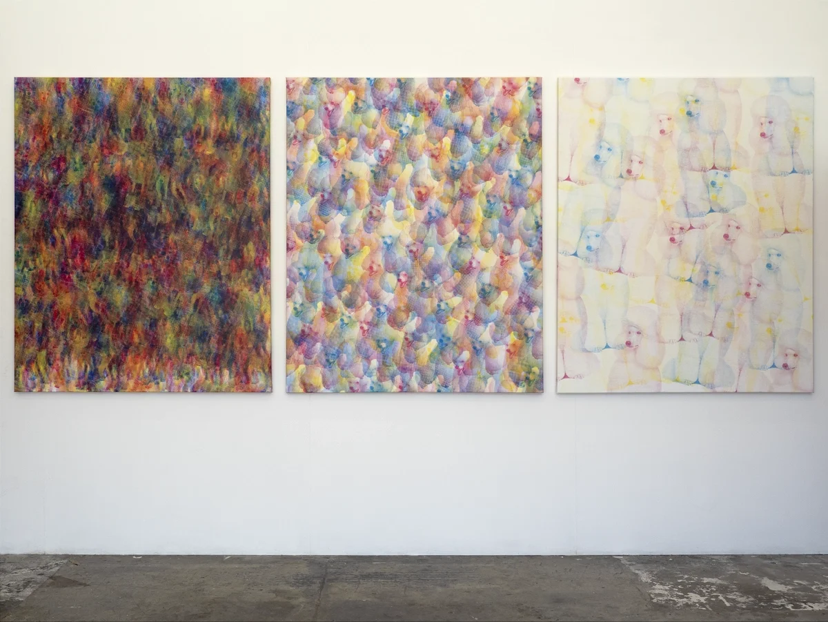 Three silkscreen paintings by artist Thomas Pendergast hung side by side on a white gallery wall.