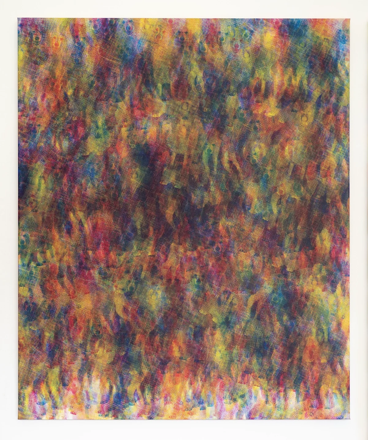 Colorful silkscreen painting of overlapping halftone poodles with moire pattern of vibrant hues including red, yellow, green, blue, and purple, with a textured appearance by artist Thomas Pendergast.