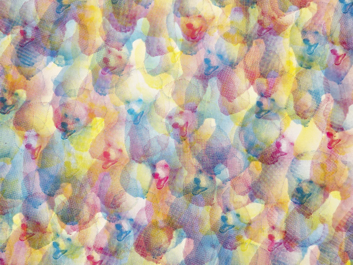 A colorful pattern of overlapping halftone silkscreen prints of poodles by artist Thomas Pendergast with various hues and patterns.