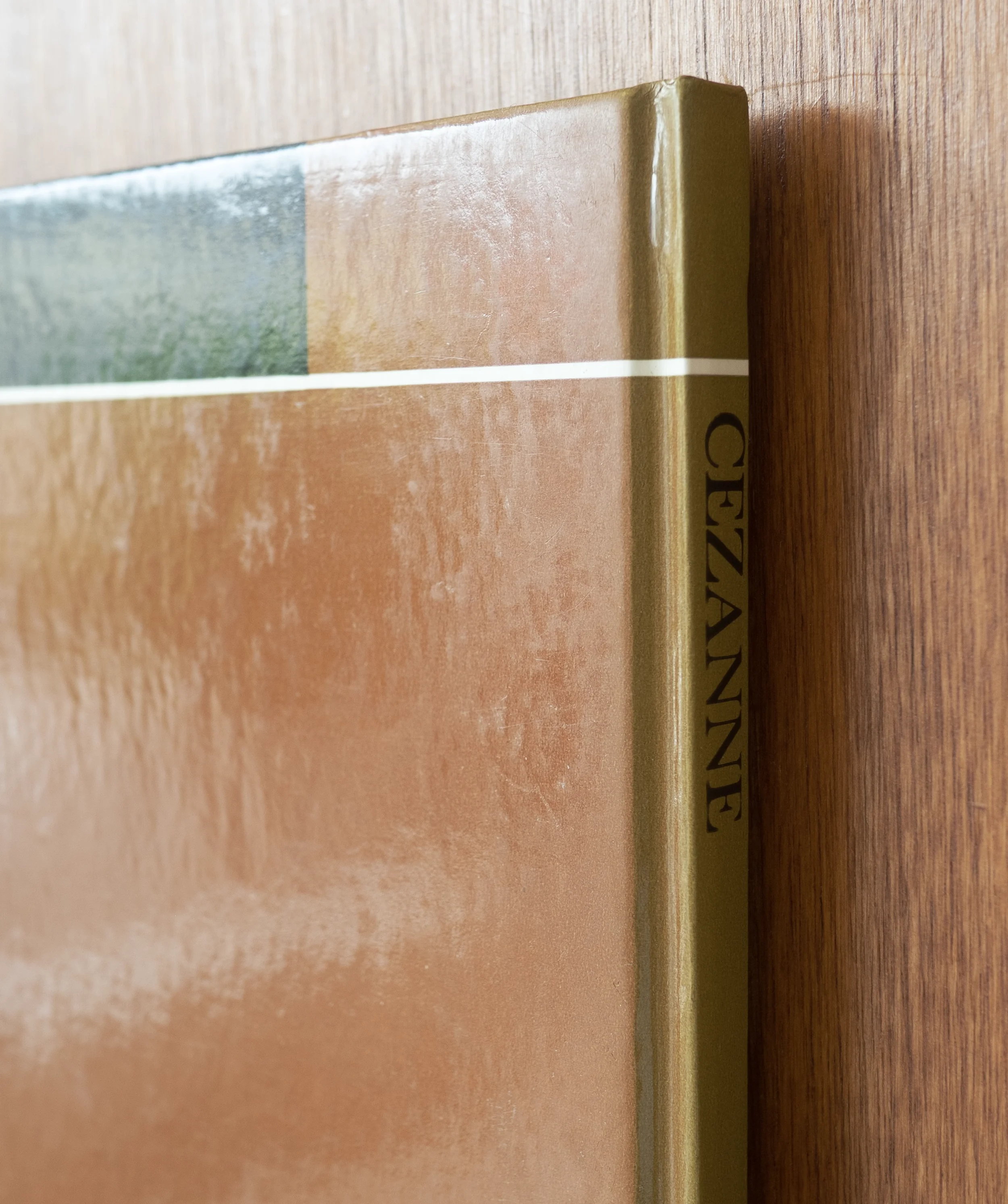 Close-up of a book with a beige cover and black text on the spine, resting on a wooden surface by artist Thomas Pendergast.