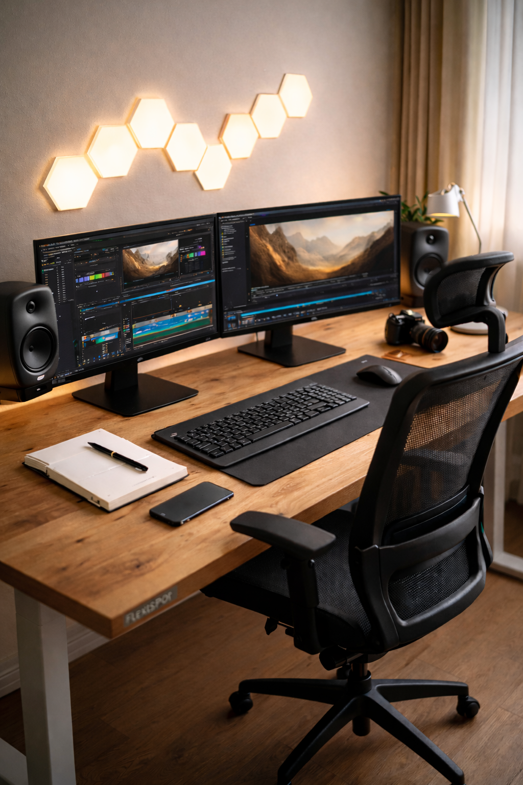 AI film production workspace with editing monitors and studio desk setup.