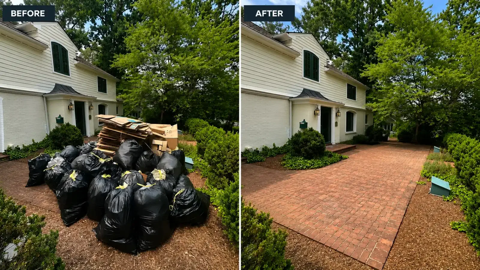 Before and after residential junk removal showing a driveway cleared of bags, boxes, and unwanted items