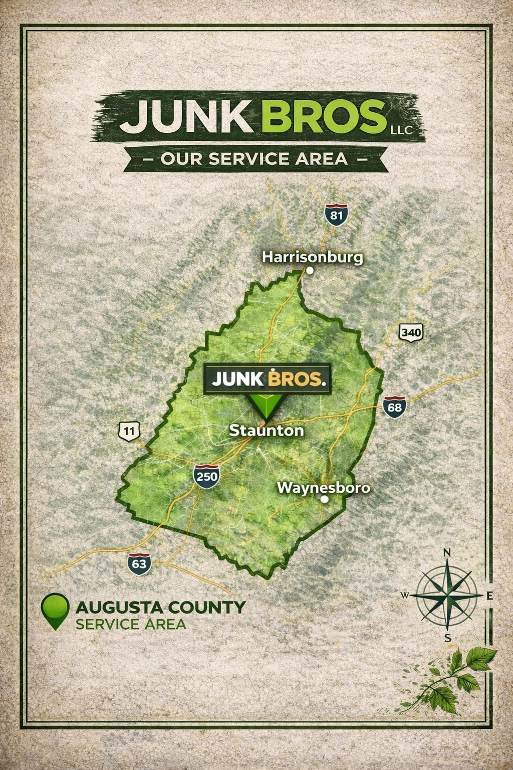 Junk Bros Serves the Greater Augusta County, Including Harrisonburg. Get your free quote today!
