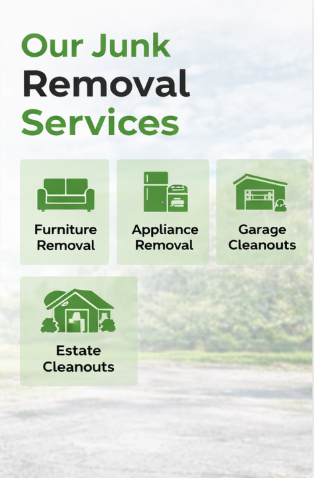 Advertisement for junk removal services with icons for furniture removal, appliance removal, garage cleanouts, and estate cleanouts.