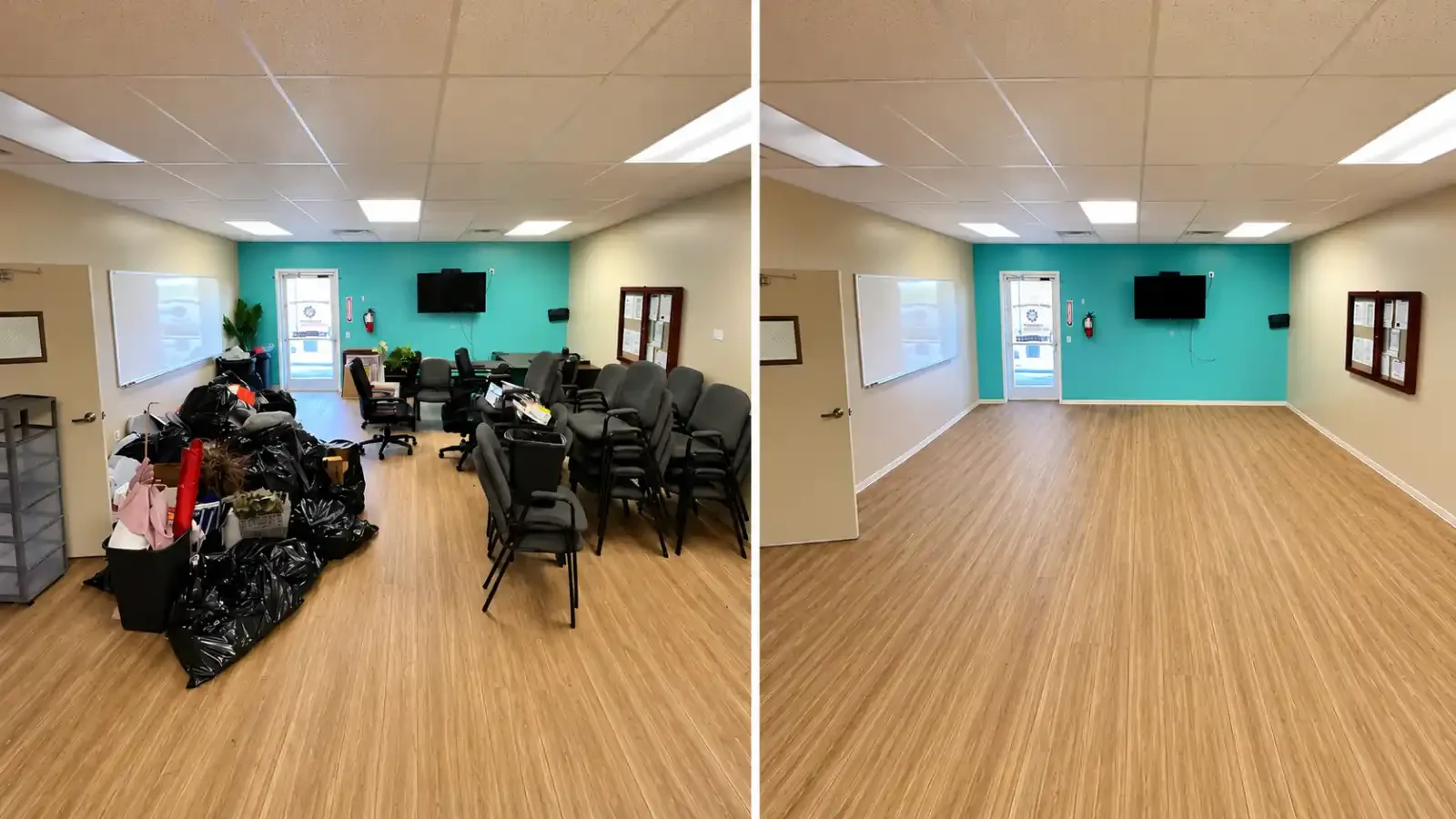 Before and after commercial junk removal showing an office space cleared of furniture, bags, and unwanted items