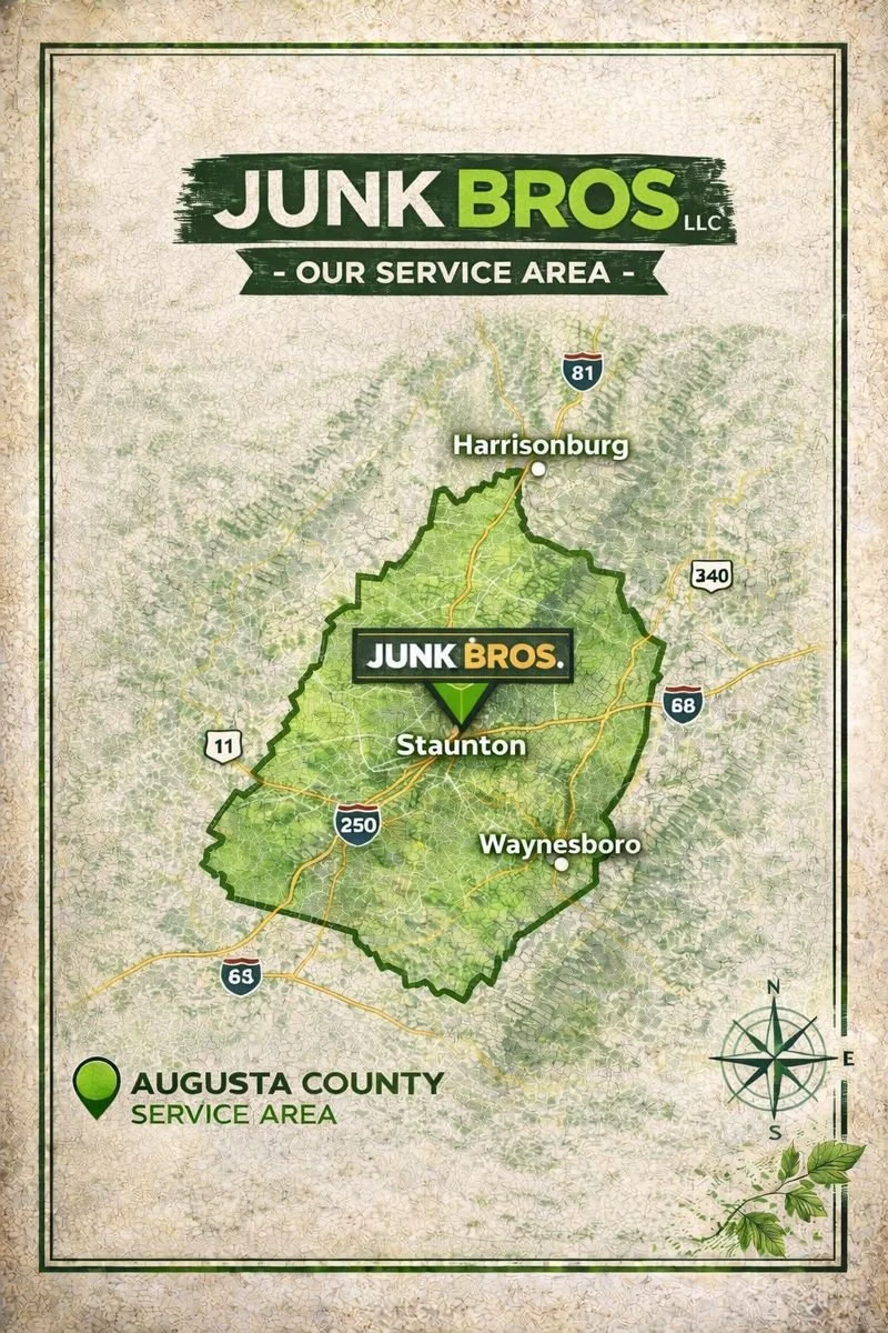 Our service area is centered in Staunton, VA, allowing us to provide fast response times, flexible scheduling, and reliable junk removal services throughout the Shenandoah Valley.