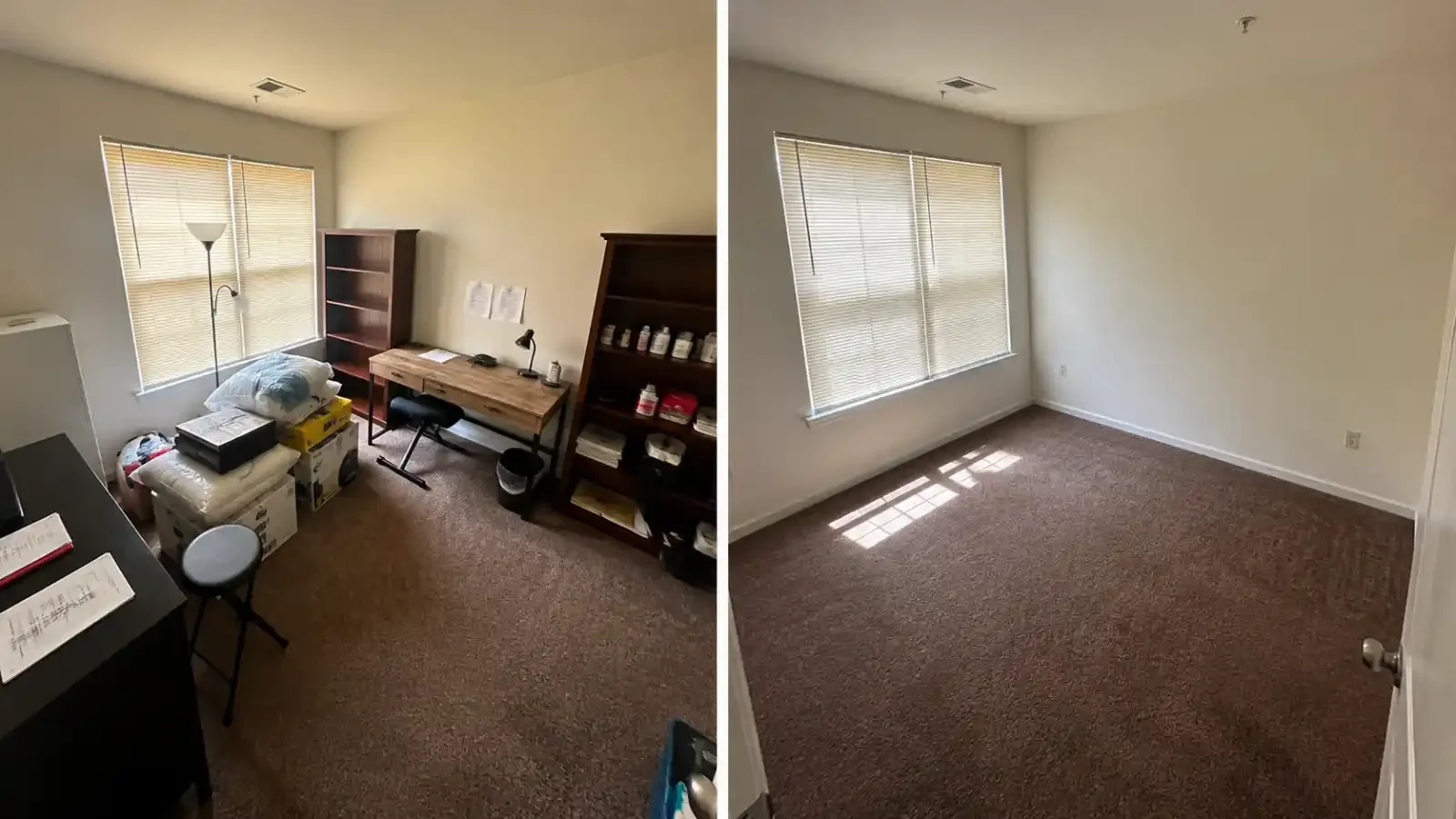 Before and after estate cleanout showing a furnished room cleared of unwanted belongings