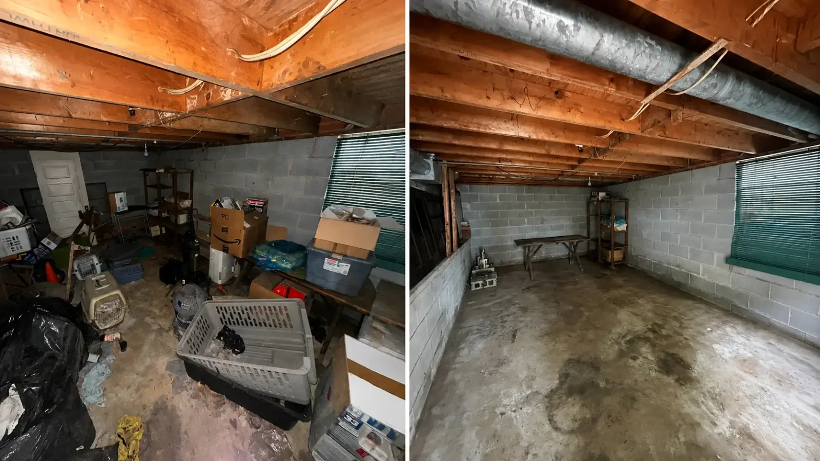 Before and after full property cleanout showing a cluttered basement cleared of boxes, furniture, and unwanted items