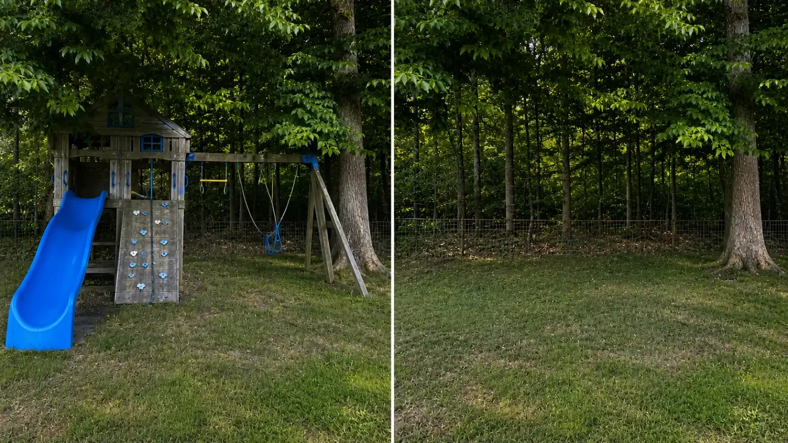 Before and after light demolition showing a backyard playset removed and the area cleared
